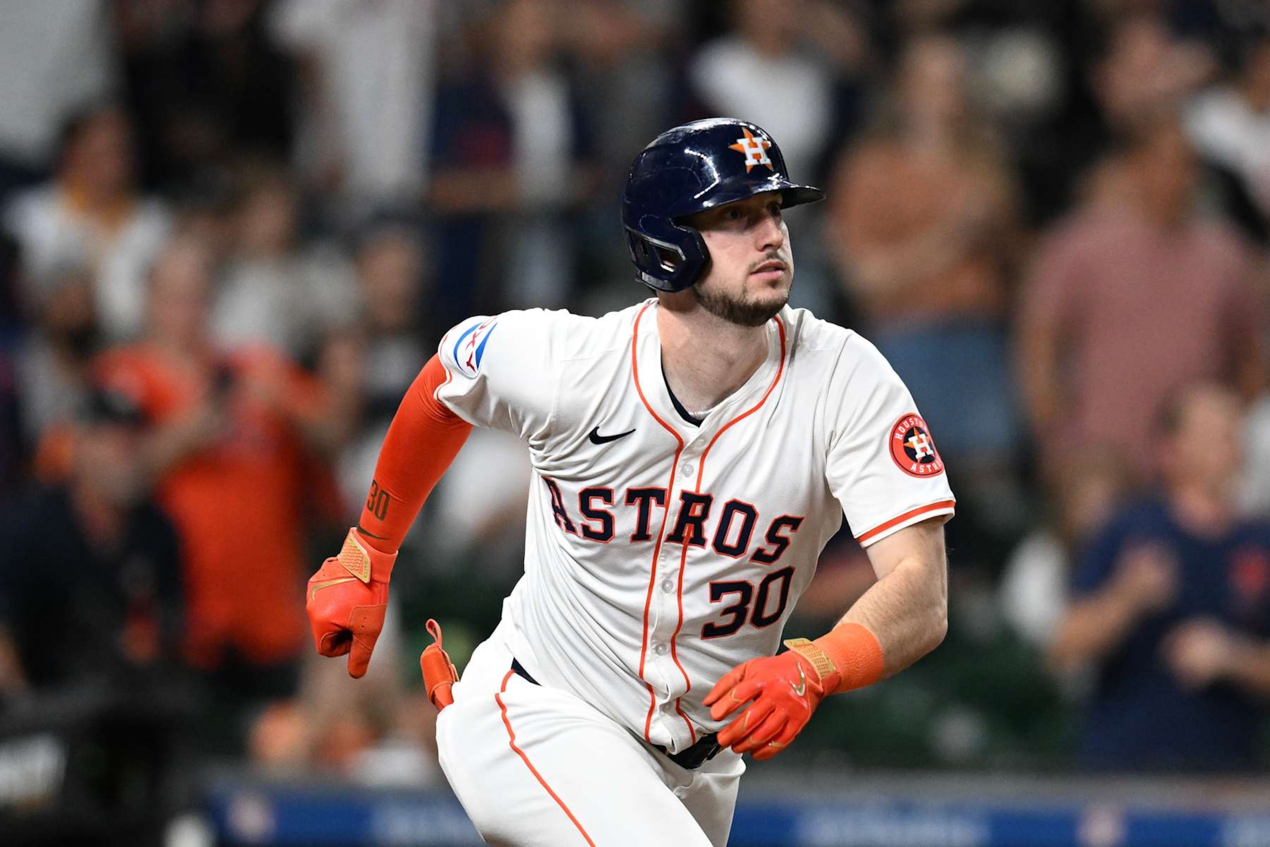 HOUSTON, TEXAS - SEPTEMBER 11: Kyle Tucker #30 of the Houston Astros pinch hits for an RBI-single against the Oakland Athletics at Minute Maid Park on September 11, 2024 in Houston, Texas. (Photo by Jack Gorman/Getty Images)