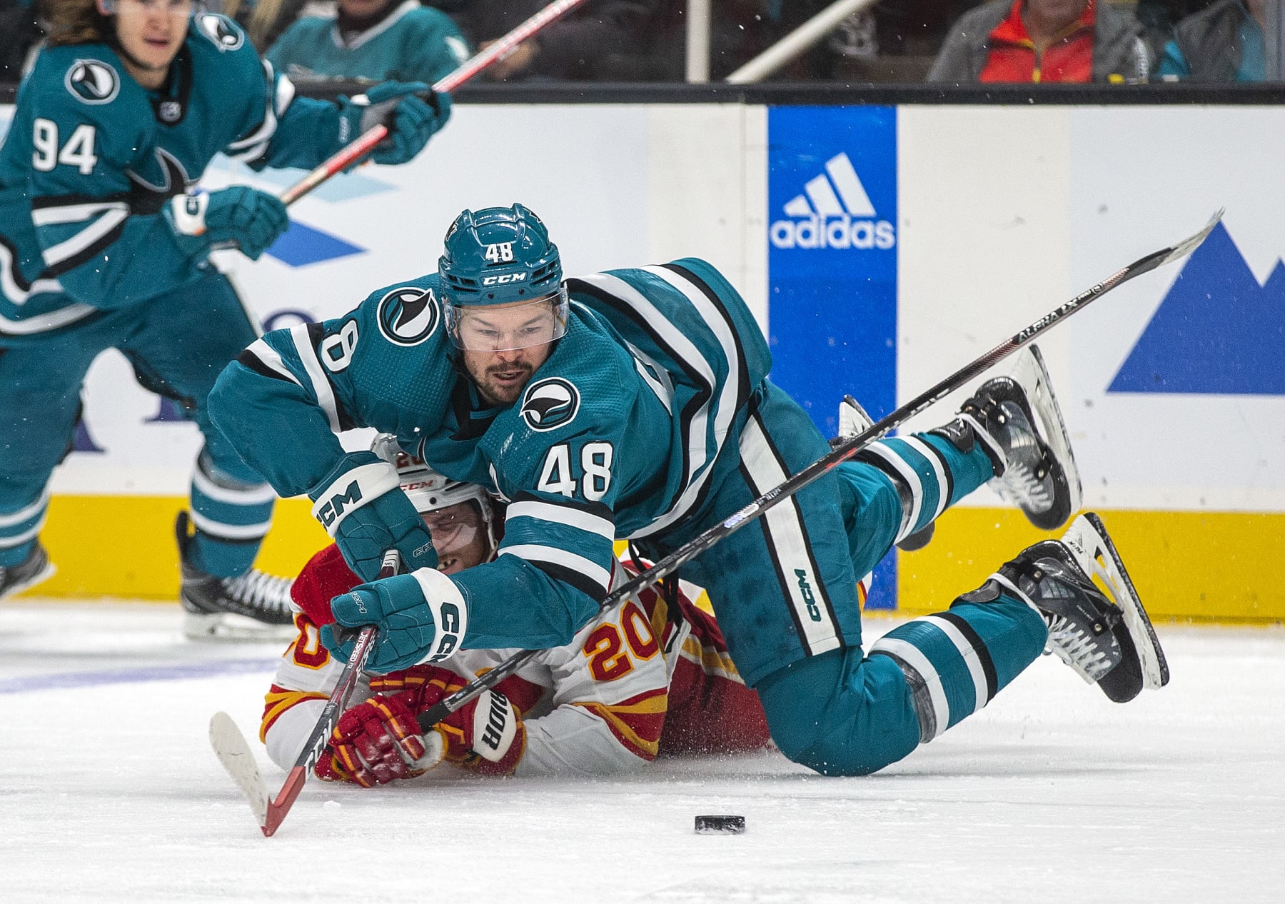 SAN JOSE, CA - DECEMBER 18: San Jose Sharks Center Tomas Hertl (48) falls on top of Calgary Flames Right Wing Blake Coleman (20) during the second period of a regular season NHL hockey game between the Calgary Flames and the San Jose Sharks on December 18, 2022, at SAP Center, in San Jose, CA. (Photo by Tony Ding/Icon Sportswire via Getty Images)