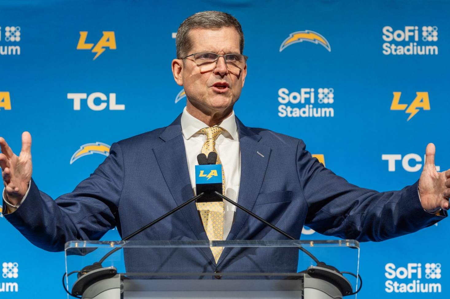 INGLEWOOD, CA - FEBRUARY 01: New Los Angeles Chargers Head Coach Jim Harbaugh speaks during his introductory press conference at YouTube Theater in Inglewood Thursday, Feb. 1, 2024. (Allen J. Schaben / Los Angeles Times via Getty Images)
