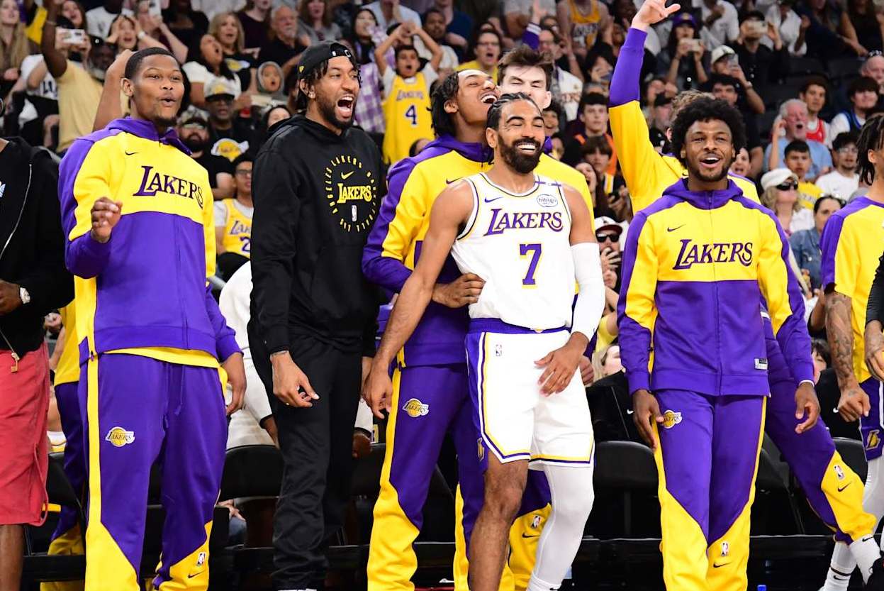 LOS ANGELES, CA - OCTOBER 6: The Los Angeles Lakers celebrates during the game against the Phoenix Suns on October 6, 2024 at Acrisure Arena in Palm Springs, California. NOTE TO USER: User expressly acknowledges and agrees that, by downloading and/or using this Photograph, user is consenting to the terms and conditions of the Getty Images License Agreement. Mandatory Copyright Notice: Copyright 2024 NBAE (Photo by Adam Pantozzi/NBAE via Getty Images)