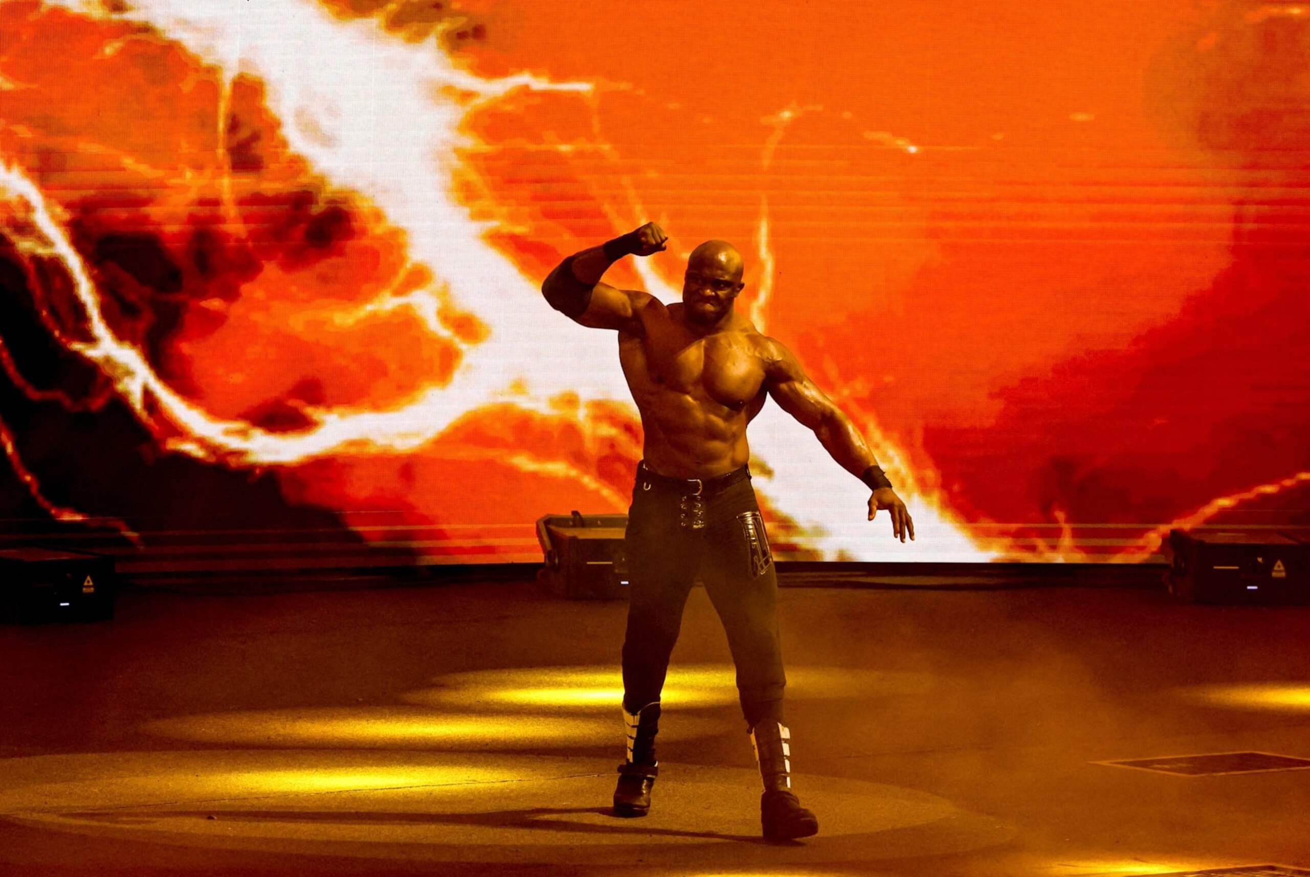 Bobby Lashley arrives for his match during the World Wrestling Entertainment (WWE) Crown Jewel pay-per-view in the Saudi capital Riyadh on October 21, 2021. (Photo by Fayez Nureldine / AFP) (Photo by FAYEZ NURELDINE/AFP via Getty Images) Bobby Lashley arrives for his match during the World Wrestling Entertainment (WWE) Crown Jewel pay-per-view in the Saudi capital Riyadh on October 21, 2021. (Photo by Fayez Nureldine / AFP) (Photo by FAYEZ NURELDINE/AFP via Getty Images)