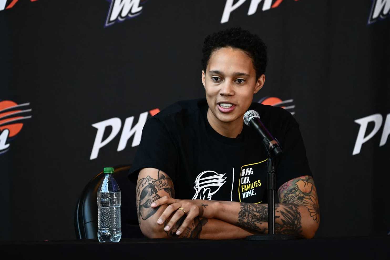 US basketball player Brittney Griner, of the Phoenix Mercury, speaks during a news conference at the Footprint Center in Phoenix, Arizona on April 27, 2023. (Photo by Patrick T. Fallon / AFP) (Photo by PATRICK T. FALLON/AFP via Getty Images)