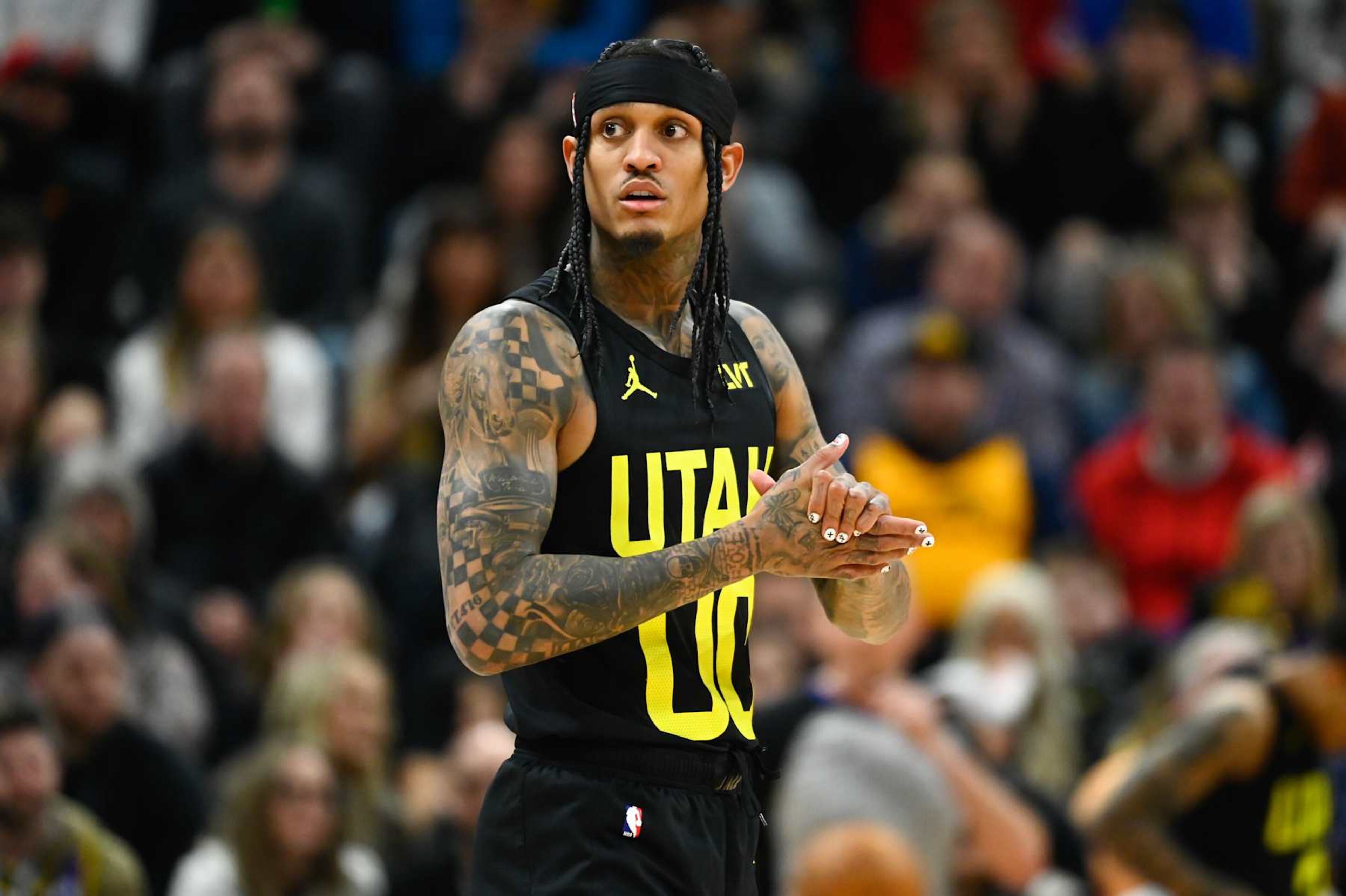 SALT LAKE CITY, UTAH - FEBRUARY 04: Jordan Clarkson #00 of the Utah Jazz looks on during a game against the Milwaukee Bucks at Delta Center on February 04, 2024 in Salt Lake City, Utah. NOTE TO USER: User expressly acknowledges and agrees that, by downloading and or using this photograph, User is consenting to the terms and conditions of the Getty Images License Agreement. (Photo by Alex Goodlett/Getty Images)