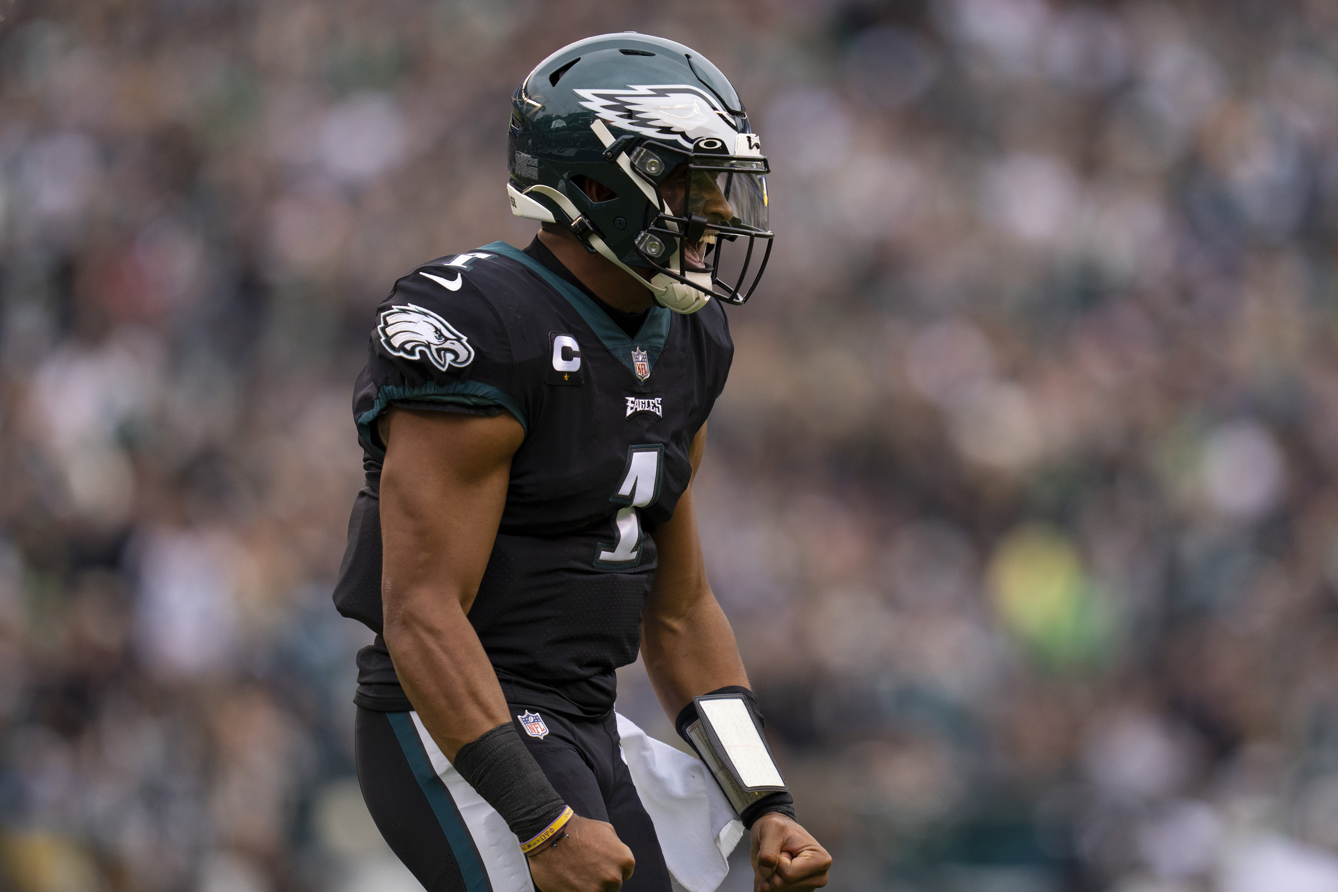 PHILADELPHIA, PA - NOVEMBER 21: Jalen Hurts #1 of the Philadelphia Eagles reacts after a touchdown against the New Orleans Saints at Lincoln Financial Field on November 21, 2021 in Philadelphia, Pennsylvania. (Photo by Mitchell Leff/Getty Images)