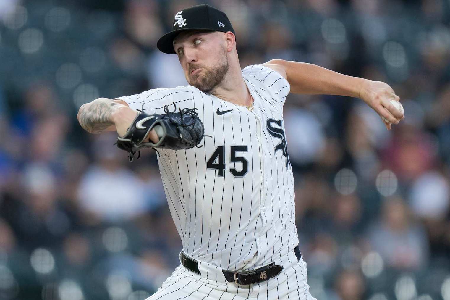 CHICAGO, ILLINOIS - SEPTEMBER 13: Garrett Crochet #45 of the Chicago White Sox pitches in the first inning of a game against the Oakland Athletics at Guaranteed Rate Field on September 13, 2024 in Chicago, Illinois. (Photo by Matt Dirksen/Getty Images)