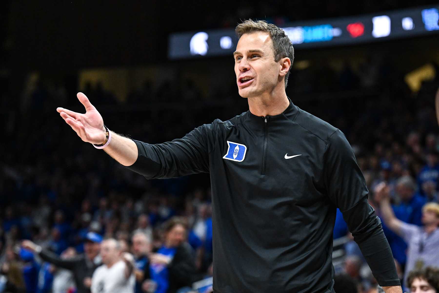 ATLANTA, GA  NOVEMBER 12:  Duke head coach Jon Scheyer reacts during the college basketball game between the Kentucky Wildcats and the Duke Blue Devils on November 12th, 2024 at State Farm Arena Hank in Atlanta, GA.  (Photo by Rich von Biberstein/Icon Sportswire via Getty Images)