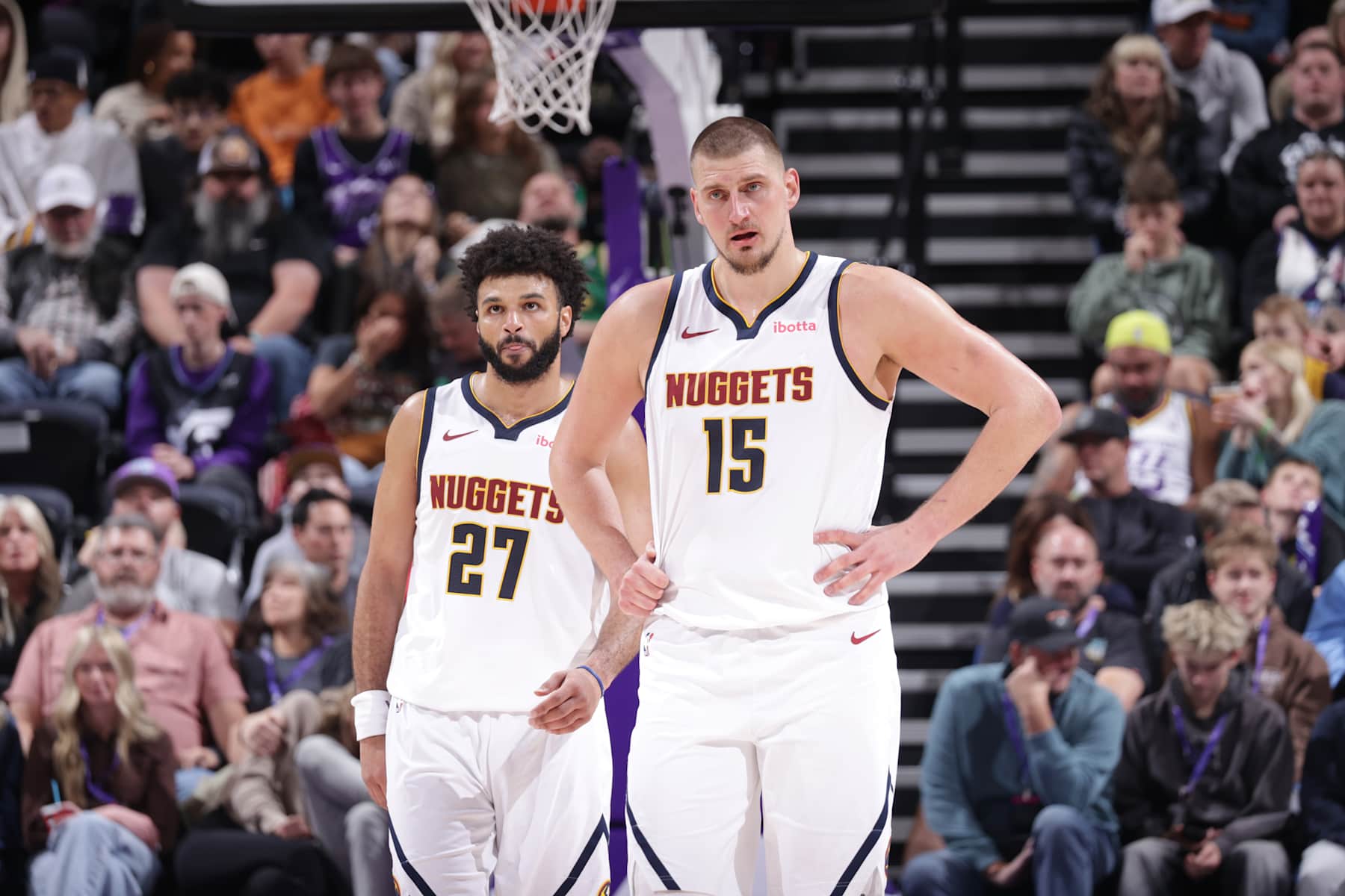 SALT LAKE CITY, UT - WEDNESDAY 27: Jamal Murray #27 and Nikola Jokic #15 of the Denver Nuggets look on during the game against the Utah Jazz on Wednesday 27, 2024 at vivint.SmartHome Arena in Salt Lake City, Utah. NOTE TO USER: User expressly acknowledges and agrees that, by downloading and or using this Photograph, User is consenting to the terms and conditions of the Getty Images License Agreement. Mandatory Copyright Notice: Copyright 2024 NBAE (Photo by Melissa Majchrzak/NBAE via Getty Images)