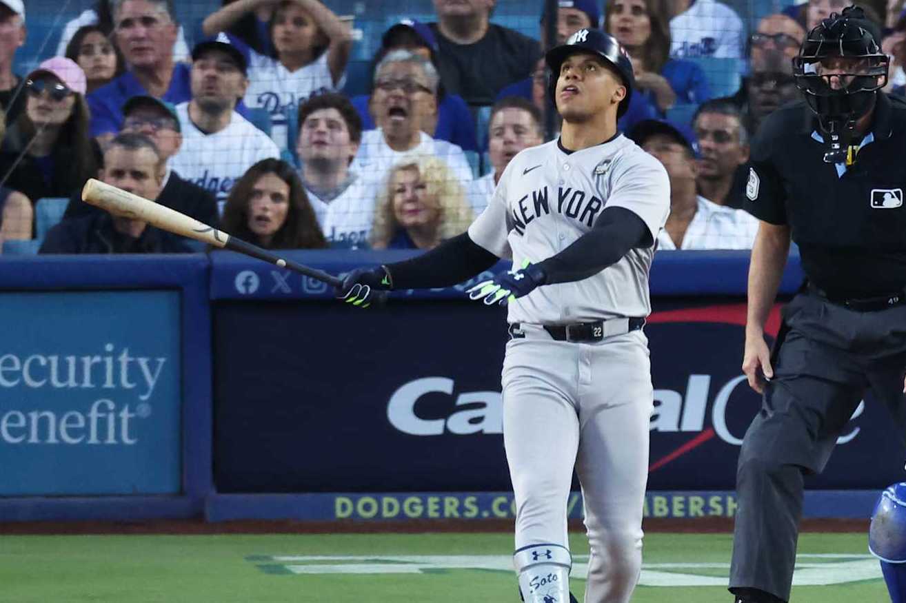 LOS ANGELES, CALIFORNIA - OCTOBER 26: Juan Soto #22 of the New York Yankees watches his home run against the Los Angeles Dodgers in the third inning during Game Two of the 2024 World Series at Dodger Stadium on October 26, 2024 in Los Angeles, California. (Photo by Steph Chambers/Getty Images)