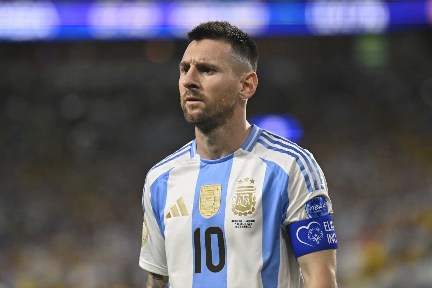 MIAMI GARDENS, FLORIDA - JULY 14: Leonel Messi (10) of Argentina gestures during the final match of Copa America between Argentina and Colombia at Hard Rock Stadium in Miami, Florida, United States on July 14, 2024. (Photo by Miguel J Rodriguez Carrillo/Anadolu via Getty Images)