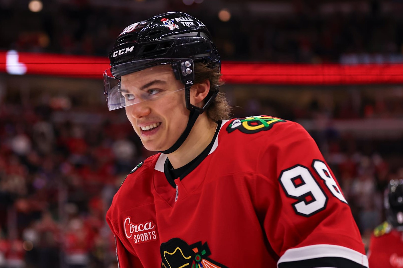 CHICAGO, IL - JANUARY 26: Connor Bedard #98 of the Chicago Blackhawks skates back to the bench after a Seth Jones #4 of the Chicago Blackhawks goal during the third period against the Minnesota Wild on January 26, 2025 at the United Center in Chicago, Illinois. (Photo by Melissa Tamez/Icon Sportswire via Getty Images)