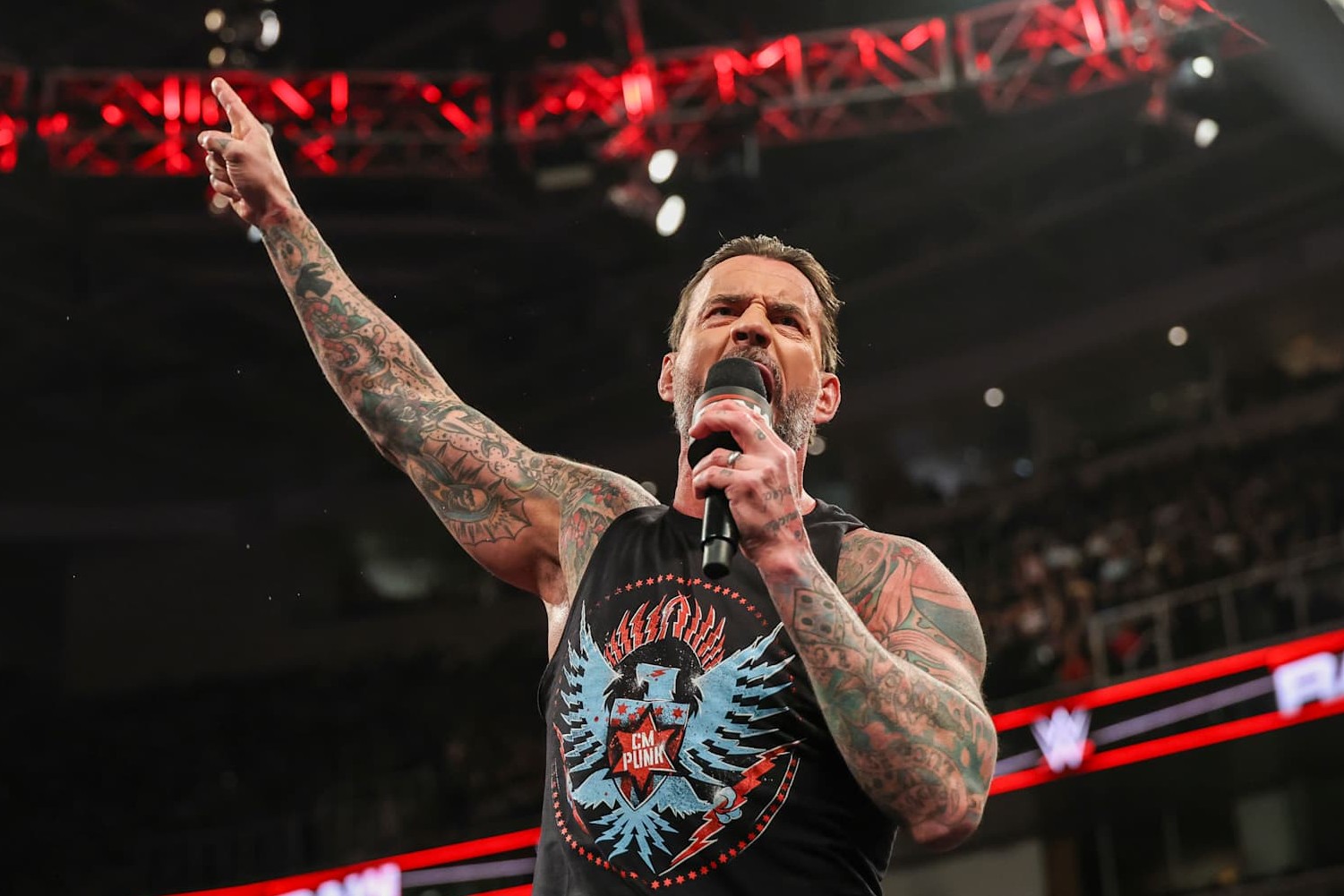 SAN JOSE, CALIFORNIA - JANUARY 13: CM Punk's promo during Monday Night Raw at SAP Center on January 13, 2025 in San Jose, California. (Photo by WWE/Getty Images)