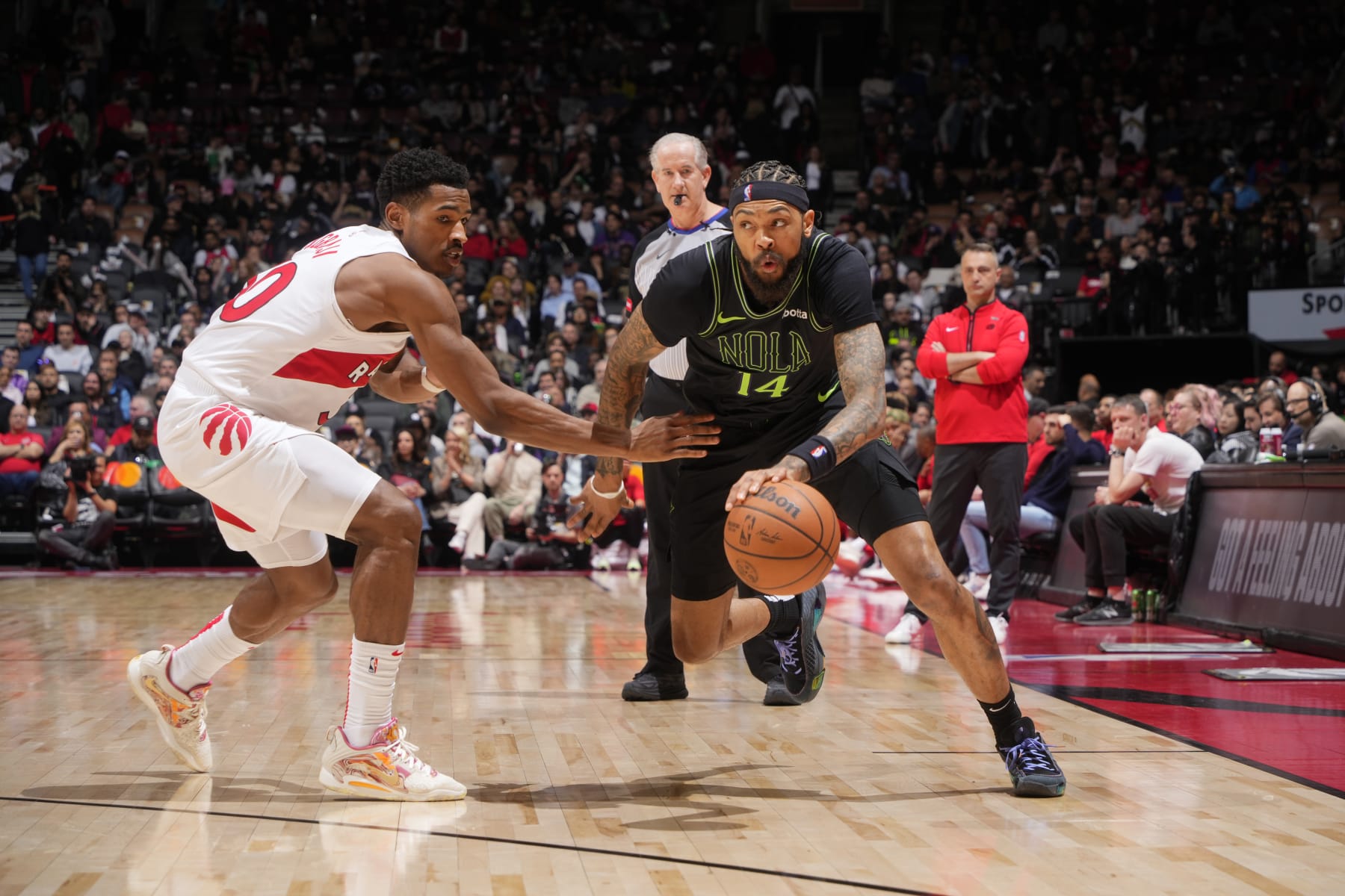 TORONTO, CANADA - MARCH 5:  Brandon Ingram #14 of the New Orleans Pelicans goes to the basket during the game on March 5, 2024 at the Scotiabank Arena in Toronto, Ontario, Canada.  NOTE TO USER: User expressly acknowledges and agrees that, by downloading and or using this Photograph, user is consenting to the terms and conditions of the Getty Images License Agreement.  Mandatory Copyright Notice: Copyright 2024 NBAE (Photo by Mark Blinch/NBAE via Getty Images)