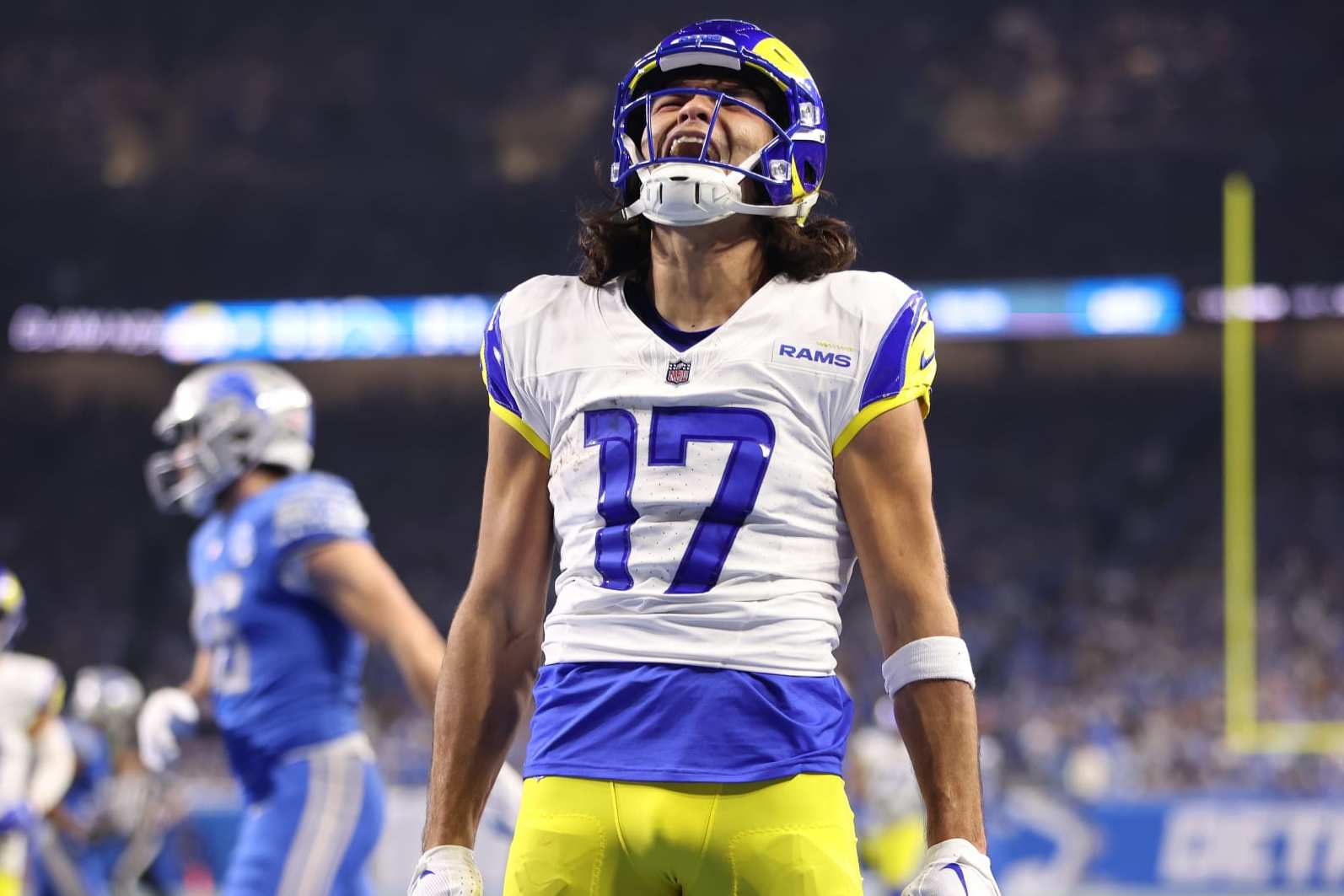 DETROIT, MICHIGAN - JANUARY 14: Puka Nacua #17 of the Los Angeles Rams reacts to a touchdown while playing the Detroit Lions during a NFC Wild Card Playoff game at Ford Field on January 14, 2024 in Detroit, Michigan. (Photo by Gregory Shamus/Getty Images)