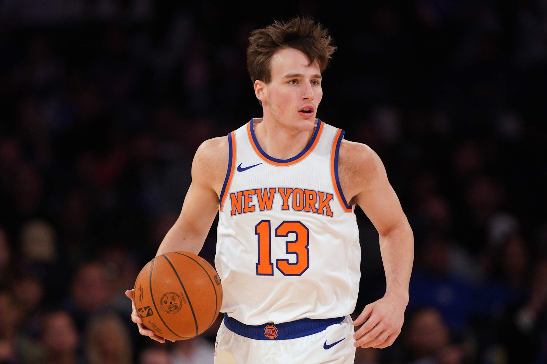 NEW YORK, NEW YORK - OCTOBER 09: Tyler Kolek #13 of the New York Knicks handles the ball during the second half of a preseason game at Madison Square Garden on October 09, 2024 in New York City. NOTE TO USER: User expressly acknowledges and agrees that, by downloading and or using this Photograph, user is consenting to the terms and conditions of the Getty Images License Agreement. (Photo by Evan Bernstein/Getty Images)