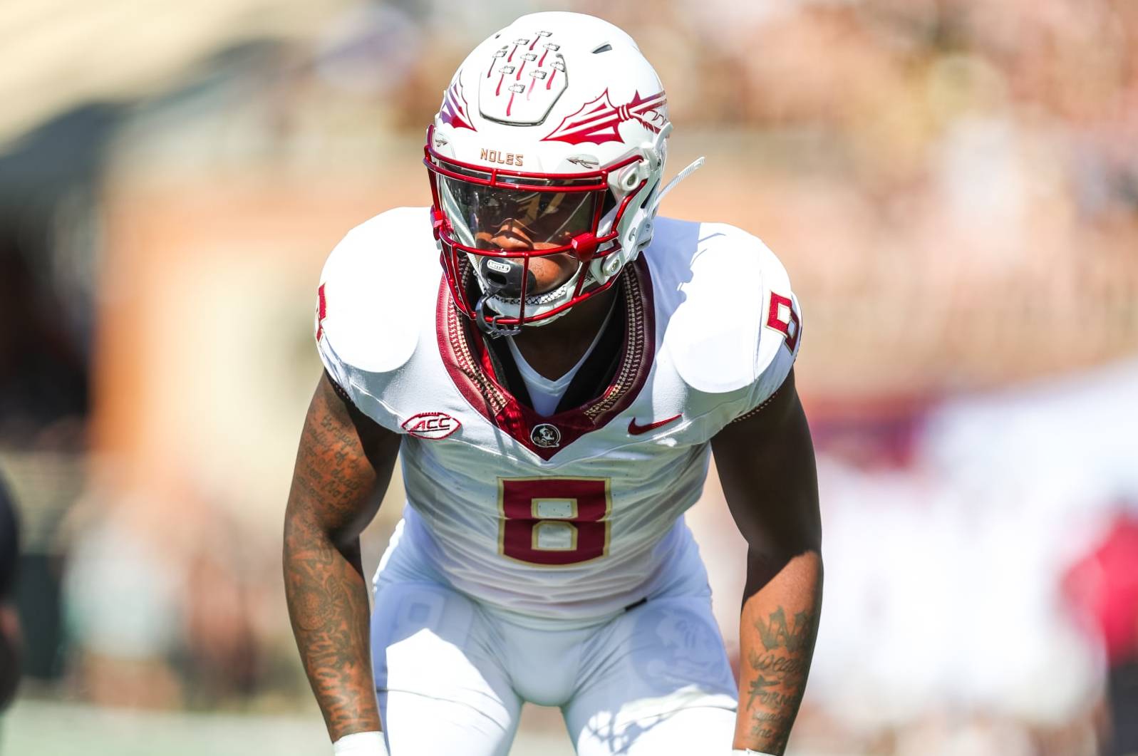 CHARLOTTE, NC - OCTOBER 28: Renardo Green #8 of the Florida State Seminoles reads the backfield during a football game against the Wake Forest Demon Deacons at Allegacy Federal Credit Union Stadium in Winston-Salem, North Carolina on Oct 28, 2023. (Photo by David Jensen/Icon Sportswire via Getty Images)