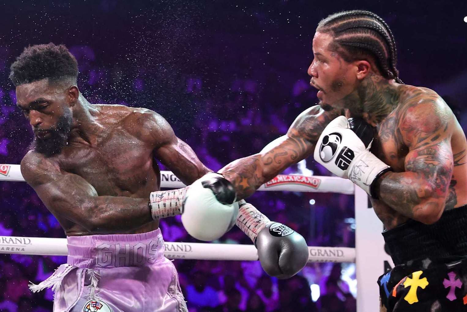 LAS VEGAS, NEVADA - JUNE 15: WBA lightweight champion Gervonta Davis (R) punches Frank Martin during a title fight at MGM Grand Garden Arena on June 15, 2024 in Las Vegas, Nevada. Davis retained his title with an eighth-round knockout. (Photo by Steve Marcus/Getty Images)