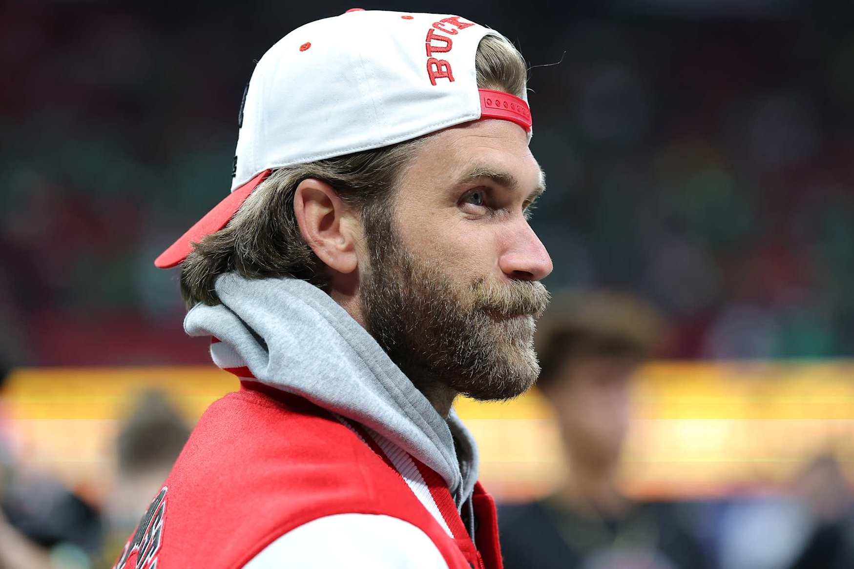 ATLANTA, GEORGIA - JANUARY 20: Bryce Harper #3 of the Philadelphia Phillies looks on prior to the 2025 CFP National Championship between the Ohio State Buckeyes and the Notre Dame Fighting Irish at the Mercedes-Benz Stadium on January 20, 2025 in Atlanta, Georgia. (Photo by Kevin C. Cox/Getty Images)