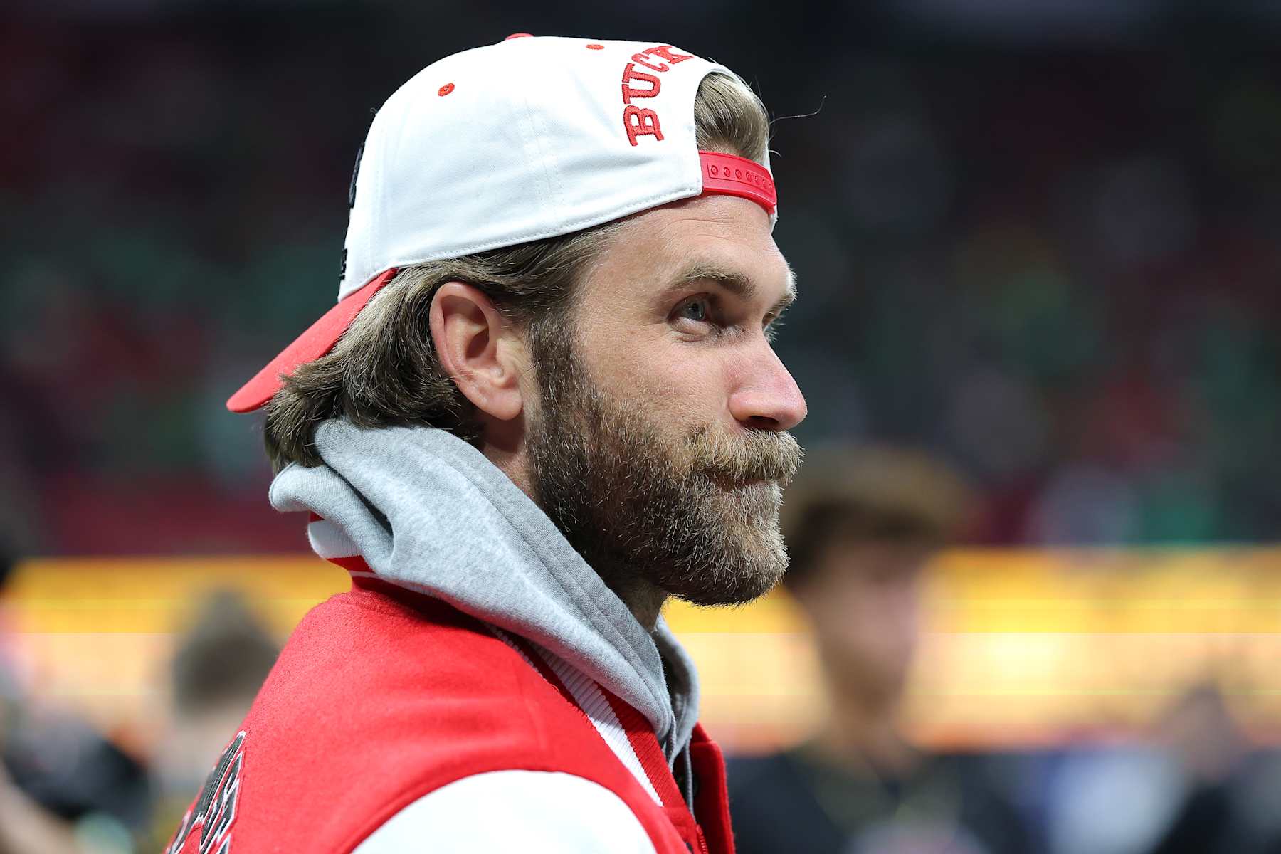 Football ATLANTA, GEORGIA - JANUARY 20: Bryce Harper #3 of the Philadelphia Phillies looks on prior to the 2025 CFP National Championship between the Ohio State Buckeyes and the Notre Dame Fighting Irish at the Mercedes-Benz Stadium on January 20, 2025 in Atlanta, Georgia. (Photo by Kevin C. Cox/Getty Images)
