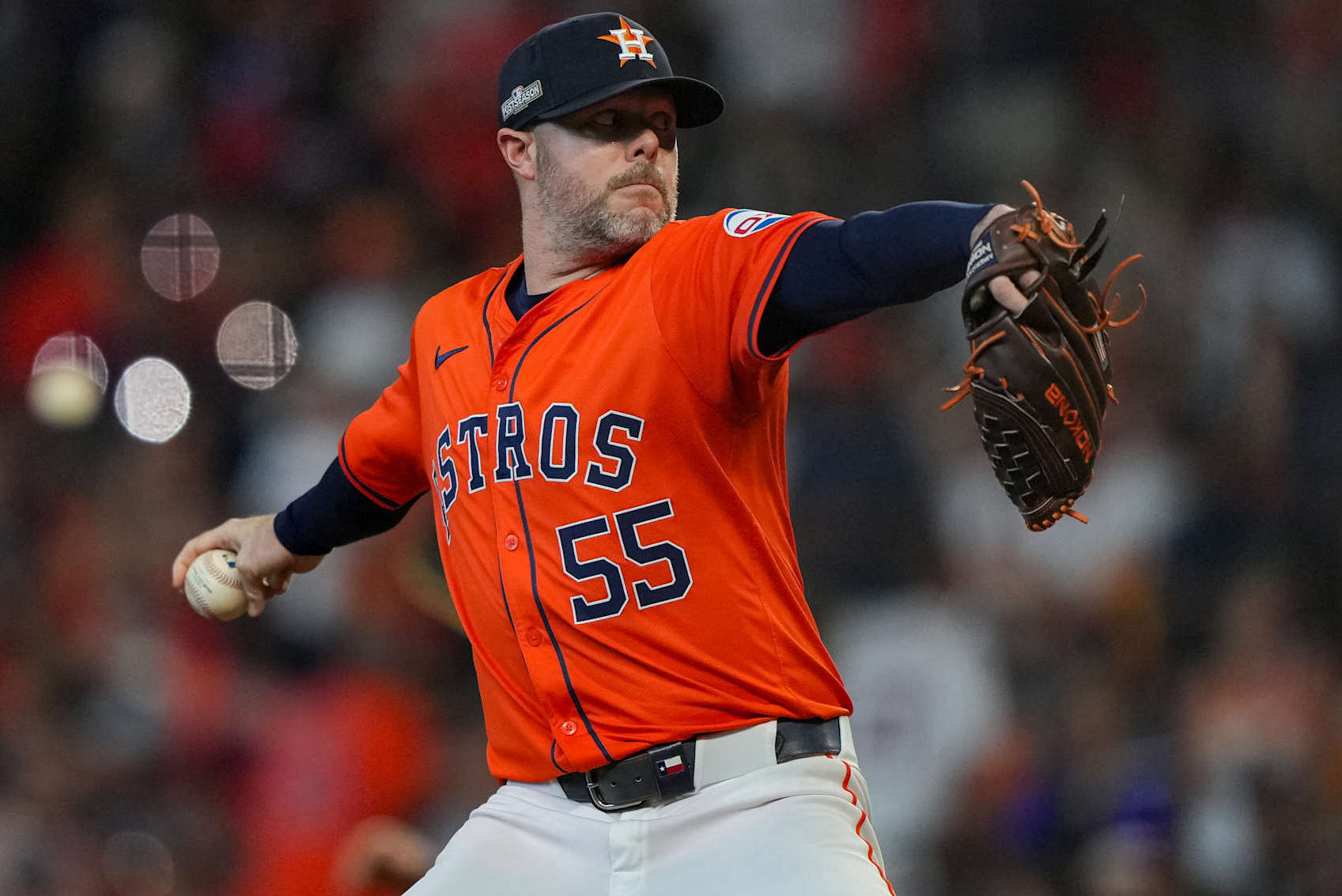 HOUSTON, TX - OCTOBER 02: Ryan Pressly #55 of the Houston Astros pitches during Game 2 of the Wild Card Series presented by T-Mobile 5G Home Internet between the Detroit Tigers and the Houston Astros at Minute Maid Park on Wednesday, October 2, 2024 in Houston, Texas. (Photo by Alex Bierens de Haan/MLB Photos via Getty Images)