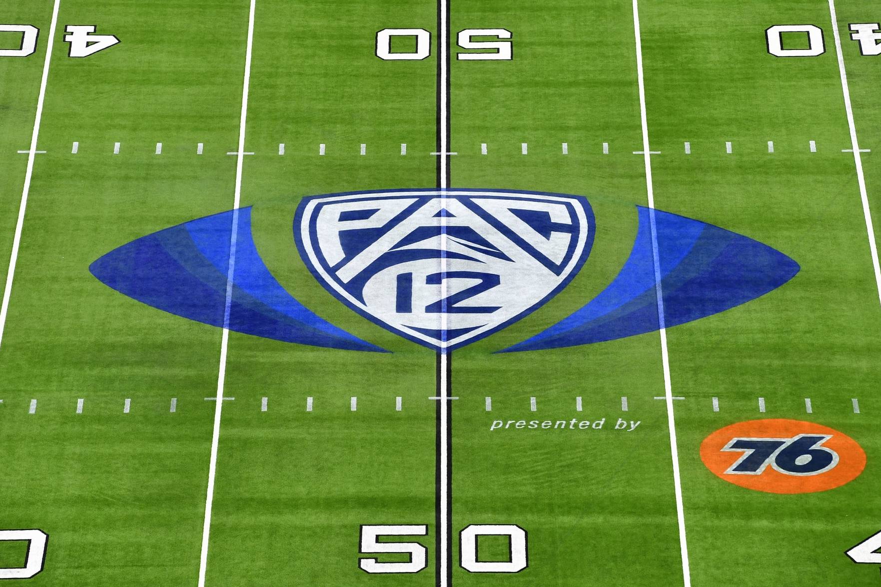 LAS VEGAS, NEVADA - DECEMBER 03: A general view of the PAC-12 logo at midfield before the PAC-12 Football Championship football game between the Oregon Ducks and the Utah Utes at Allegiant Stadium on December 03, 2021 in Las Vegas, Nevada. (Photo by Alika Jenner/Getty Images)