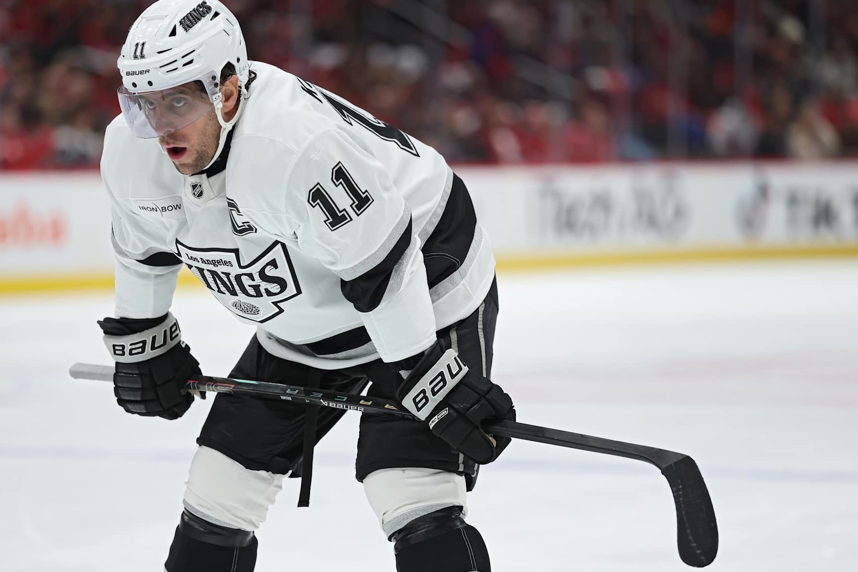 WASHINGTON, DC - DECEMBER 22: Anze Kopitar #11 of the Los Angeles Kings looks on against the Washington Capitals during the first period at Capital One Arena on December 22, 2024 in Washington, DC. (Photo by Patrick Smith/Getty Images)