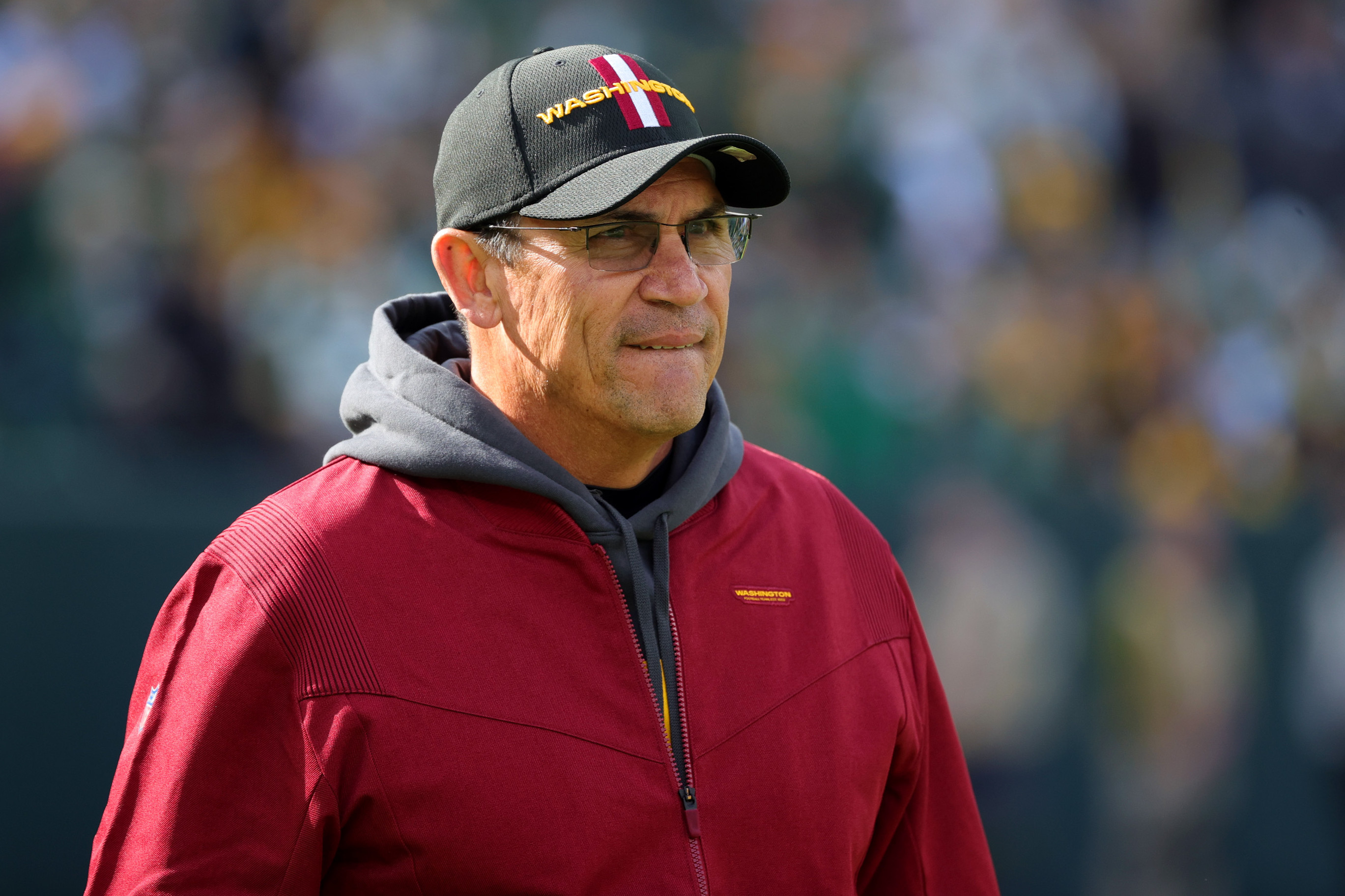 GREEN BAY, WISCONSIN - OCTOBER 24: Head coach Ron Rivera of the Washington Football Team looks on before the game against the Green Bay Packers at Lambeau Field on October 24, 2021 in Green Bay, Wisconsin. (Photo by Stacy Revere/Getty Images)
