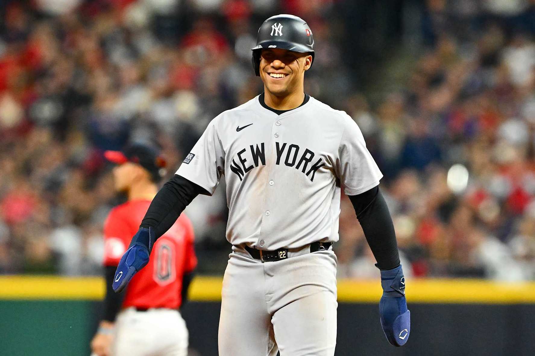 CLEVELAND, OHIO - OCTOBER 19: Juan Soto #22 of the New York Yankees reacts in the first inning against the Cleveland Guardians during Game Five of the American League Championship Series at Progressive Field on October 19, 2024 in Cleveland, Ohio. (Photo by Jason Miller/Getty Images)