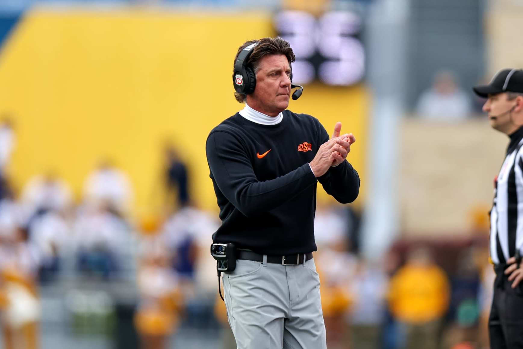 MORGANTOWN, WV - OCTOBER 21: Oklahoma State Cowboys head coach Mike Gundy on the sideline during the first quarter of the college football game between the Oklahoma State Cowboys and the West Virginia Mountaineers on October 21, 2023, at Mountaineer Field at Milan Puskar Stadium in Morgantown, WV.  (Photo by Frank Jansky/Icon Sportswire via Getty Images)