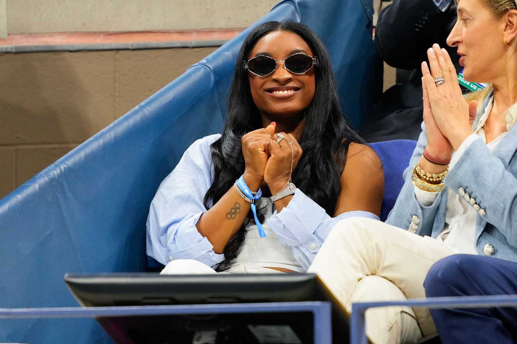 NEW YORK, NEW YORK - SEPTEMBER 04: Simone Biles attends Day 10 of the 2024 US Open Tennis Championships on September 04, 2024 in New York City.  (Photo by Gotham/GC Images)