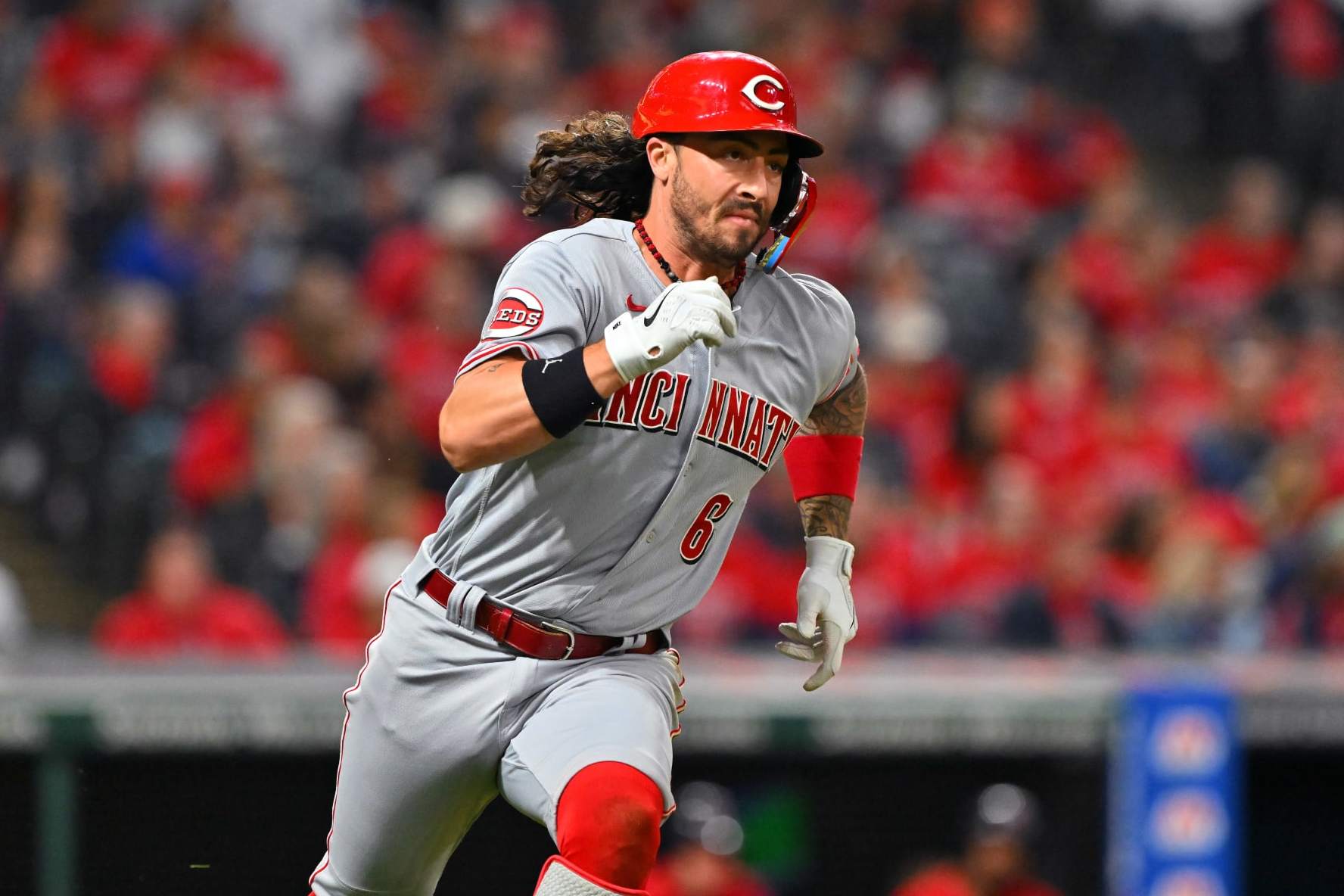 CLEVELAND, OHIO - SEPTEMBER 27: Jonathan India #6 of the Cincinnati Reds runs out an RBI double during the eighth inning against the Cleveland Guardians at Progressive Field on September 27, 2023 in Cleveland, Ohio. The Guardians defeated the Reds 4-3.  (Photo by Jason Miller/Getty Images)