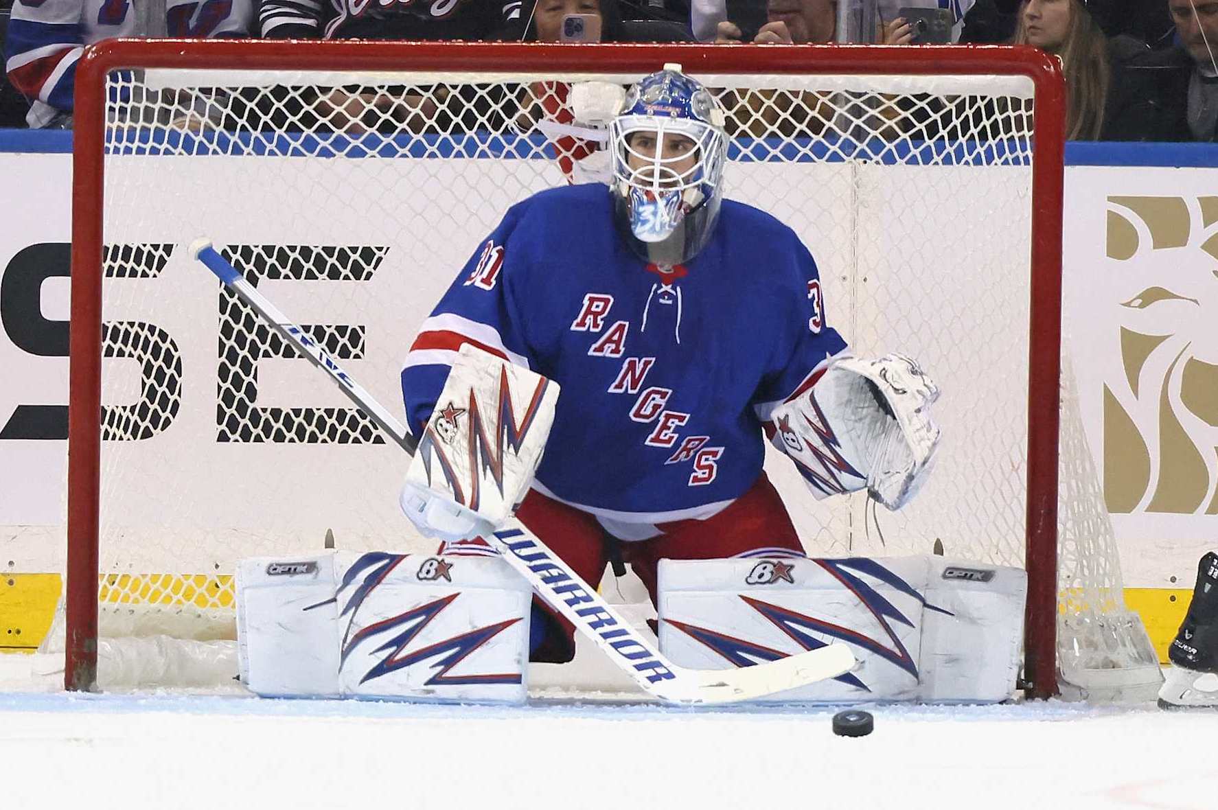 NEW YORK, NEW YORK - OCTOBER 01: Igor Shesterkin #31 of the New York Rangers skates against the New Jersey Devils at Madison Square Garden on October 01, 2024 in New York City. (Photo by Bruce Bennett/Getty Images)