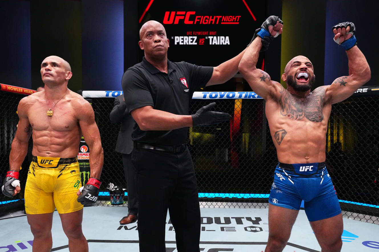 LAS VEGAS, NEVADA - JUNE 15: Miles Johns reacts after his victory against Douglas Silva de Andrade of Brazil in a bantamweight fight during the UFC Fight Night event at UFC APEX on June 15, 2024 in Las Vegas, Nevada. (Photo by Chris Unger/Zuffa LLC via Getty Images)