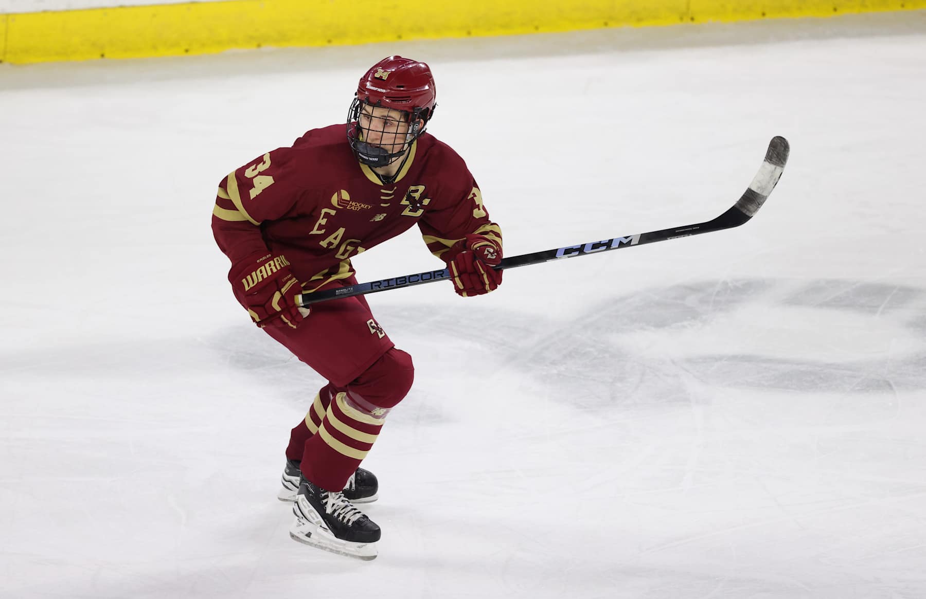 LOWELL, MASSACHUSETTS - FEBRUARY 2: Gabe Perreault #34 of the Boston College Eagles skates against the UMass Lowell River Hawks during the third period during NCAA men's hockey at the Tsongas Center on February 2, 2024 in Lowell, Massachusetts. The Eagles won 6-1. (Photo by Richard T Gagnon/Getty Images)