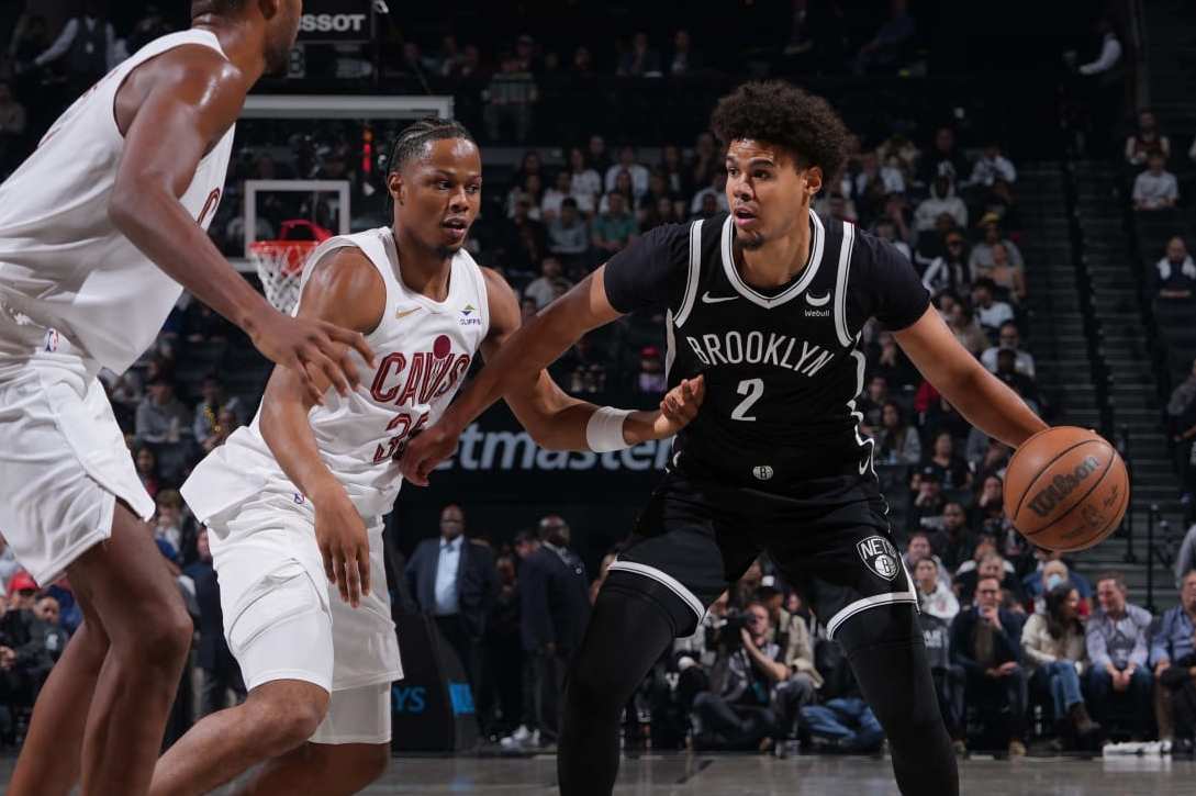Brooklyn, NY - OCTOBER 25: Cameron Johnson #2 of the Brooklyn Nets dribbles the ball during the game against the Cleveland Cavaliers on October 25, 2023 at the Barclays Center in Brooklyn, New York NOTE TO USER: User expressly acknowledges and agrees that, by downloading and/or using this Photograph, user is consenting to the terms and conditions of the Getty Images License Agreement. Mandatory Copyright Notice: Copyright 2023 NBAE (Photo by Jesse D. Garrabrant/NBAE via Getty Images)