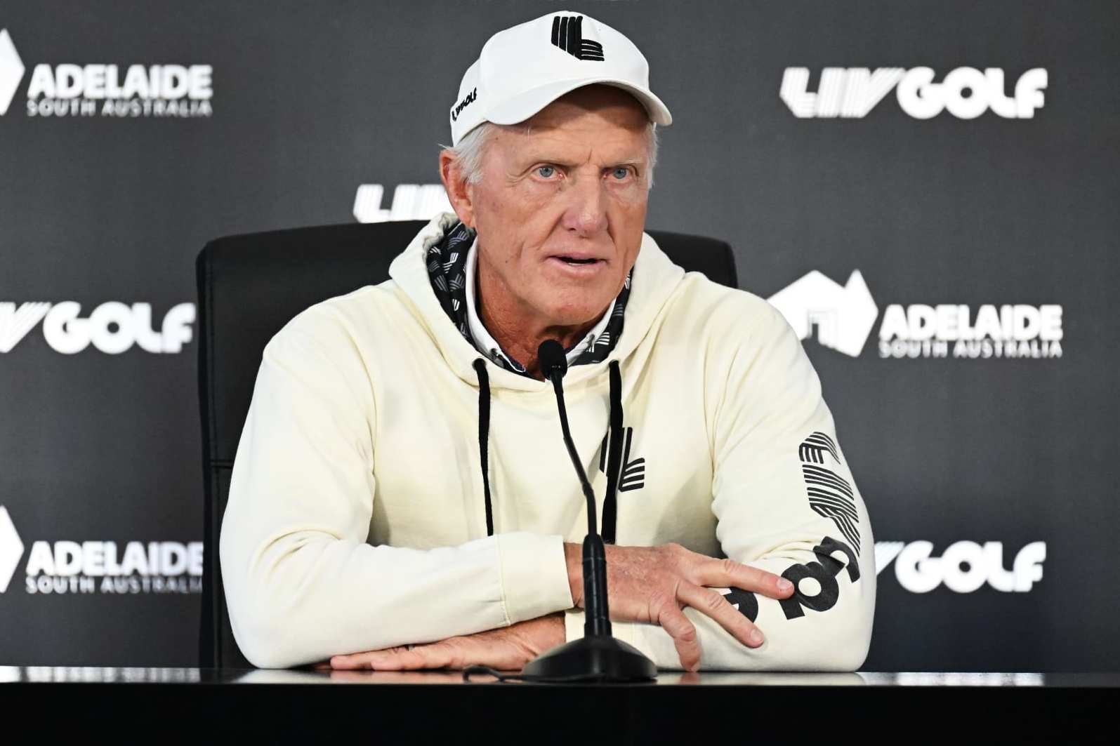 ADELAIDE, AUSTRALIA - APRIL 20: Greg Norman Commissioner and CEO of LIV Golf speaks during the press conference with Cameron Smith captain of the Ripper GC and SA Premier Peter Malinauskas ahead of Liv Golf Adelaide at The Grange Golf Club on April 20, 2023 in Adelaide, Australia. (Photo by Mark Brake/Getty Images)