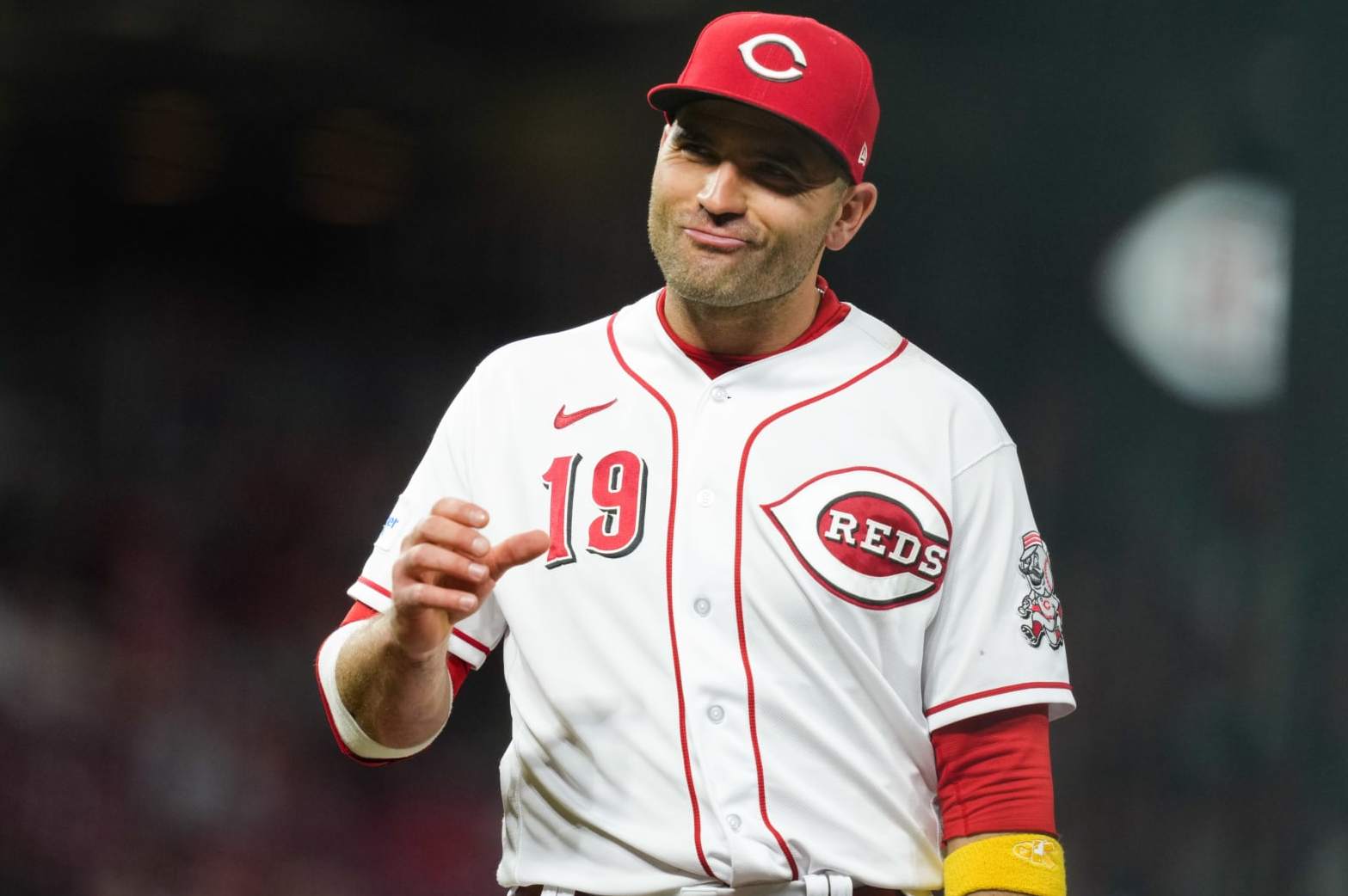 CINCINNATI, OH - SEPTEMBER 19:   Joey Votto #19 of the Cincinnati Reds reacts in the fifth inning during the game between the Minnesota Twins and the Cincinnati Reds at Great American Ball Park on Tuesday, September 19, 2023 in Cincinnati, Ohio. (Photo by Aaron Doster/MLB Photos via Getty Images)