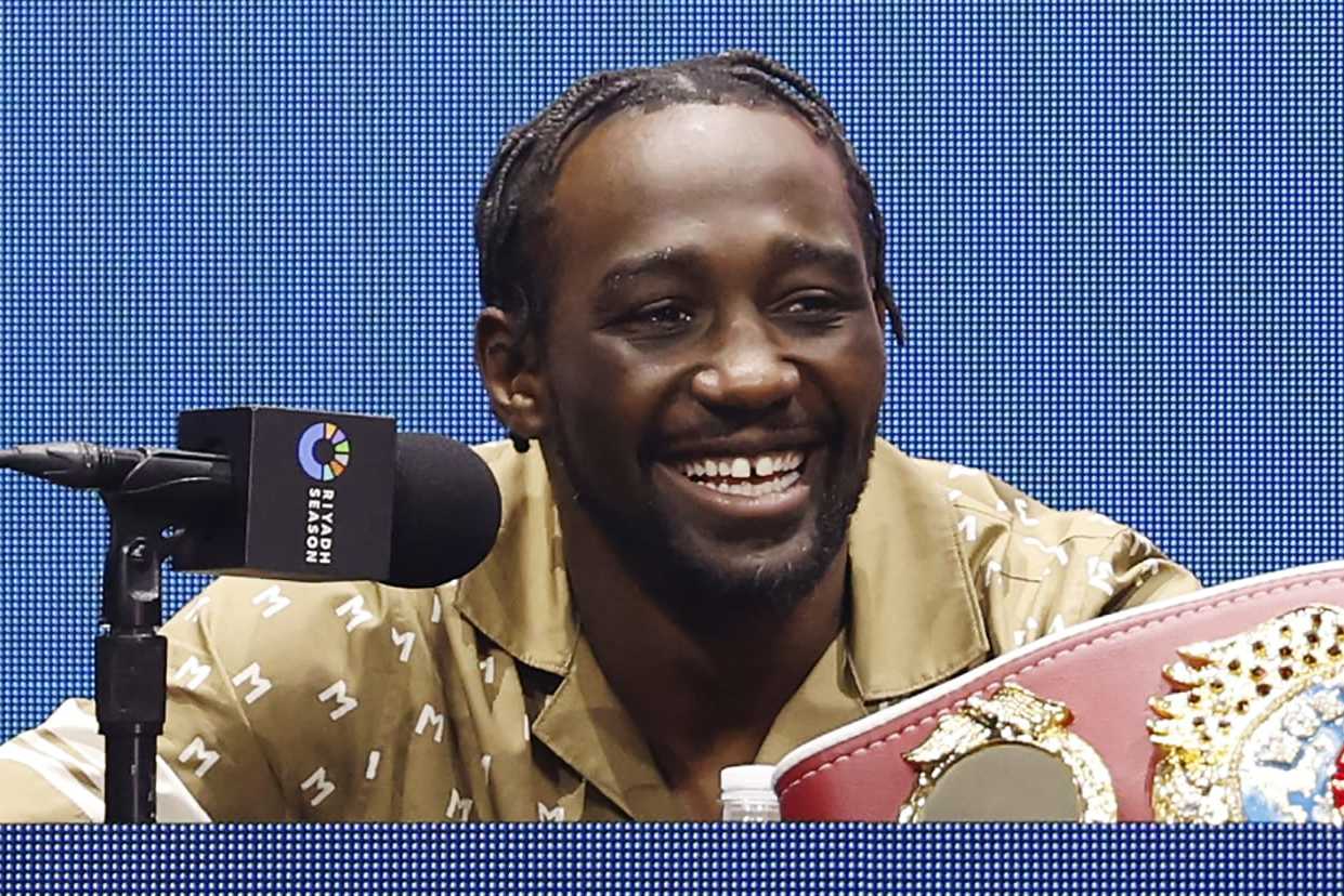 NEW YORK, NEW YORK - APRIL 24: Terence Crawford speaks during a press conference to announce his super welterweight fight against Israil Madrimov (not pictured) as part of the Riyadh Season Card at Gotham Hall on April 24, 2024 in New York City. (Photo by Sarah Stier/Getty Images)