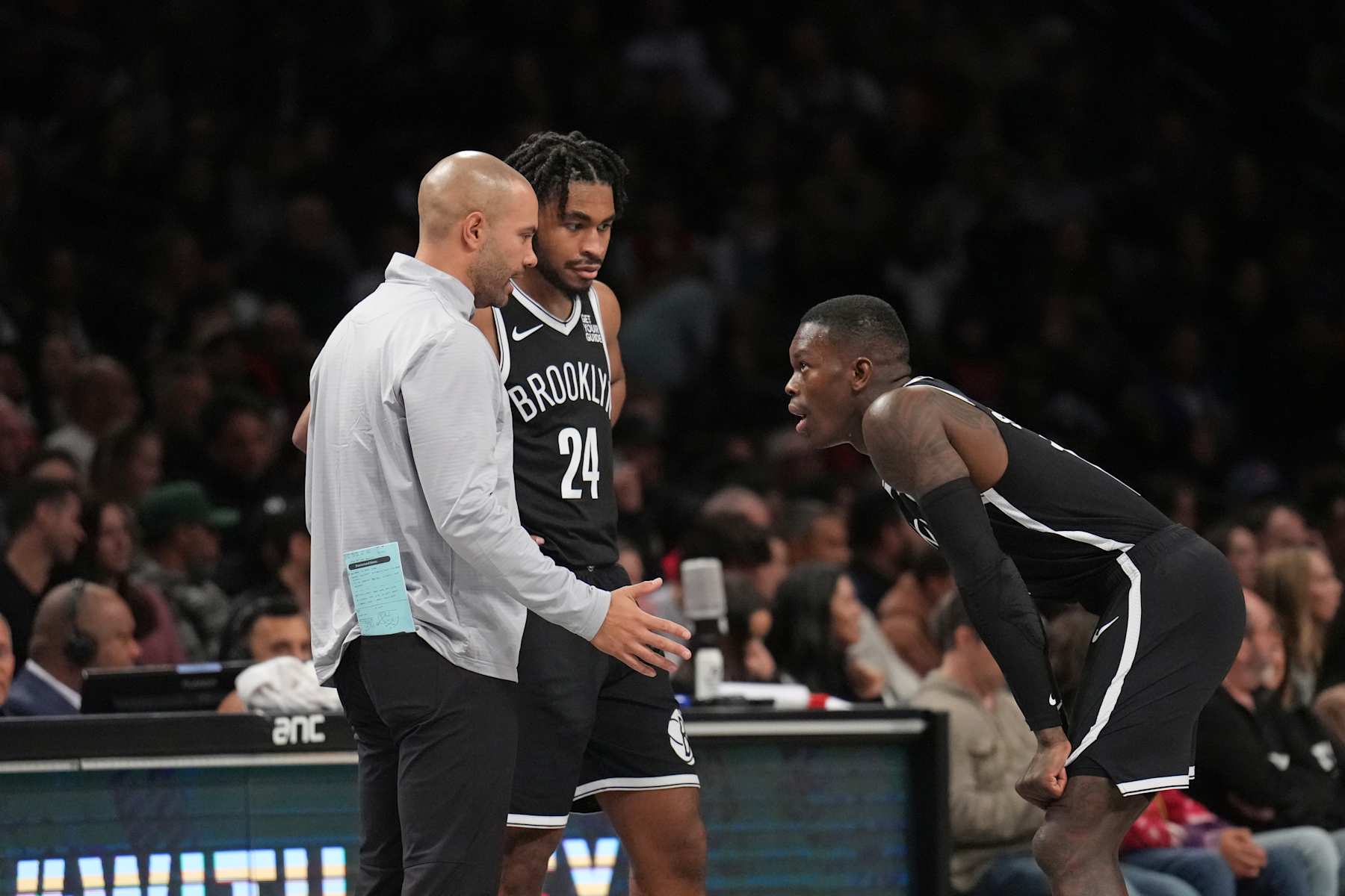 BROOKLYN, NY - NOVEMBER 1: Head Coach Jordi Fernandez of the Brooklyn Nets talks to Cam Thomas #24 and Dennis Schroder #17 of the Brooklyn Nets during the game against the Chicago Bulls on November 1, 2024 at Barclays Center in Brooklyn, New York. NOTE TO USER: User expressly acknowledges and agrees that, by downloading and or using this Photograph, user is consenting to the terms and conditions of the Getty Images License Agreement. Mandatory Copyright Notice: Copyright 2024 NBAE (Photo by Jesse D. Garrabrant/NBAE via Getty Images)
