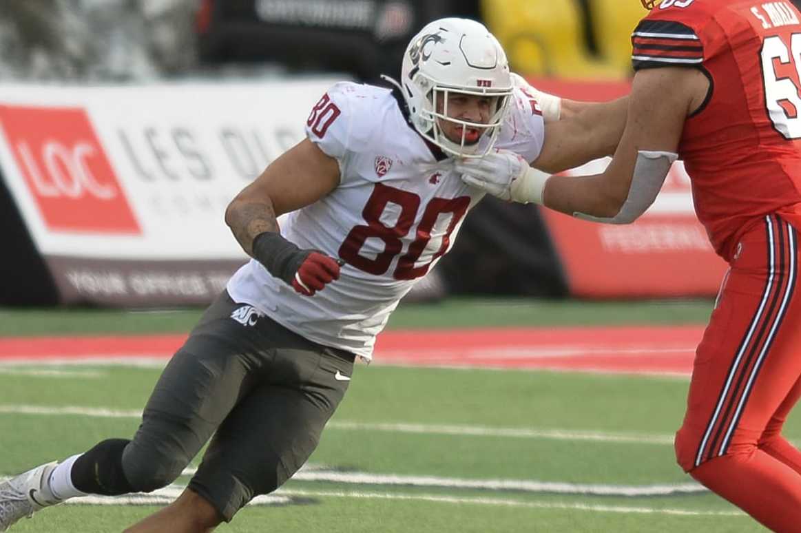 SALT LAKE CITY, UT - DECEMBER 19:Washington State University DL BRENNAN JACKSON #80 in a game between the Washington State Cougars and the Utah Utes on December 19, 2020 at Rice-Eccles Stadium in Salt Lake City, Utah (Photo by Boyd Ivey/Icon Sportswire via Getty Images)