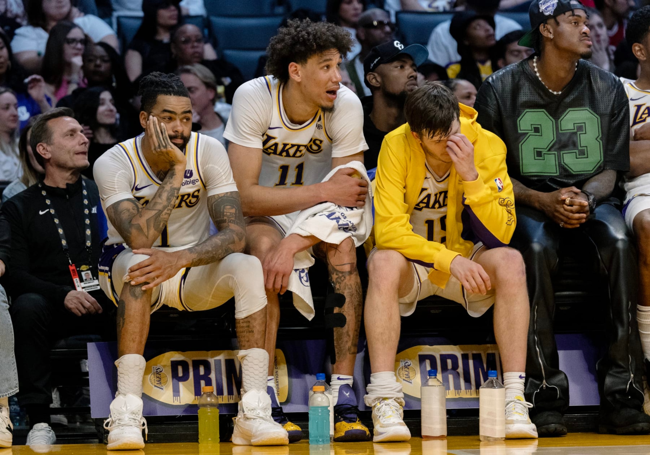 LOS ANGELES, CA - APRIL 7, 2024: Los Angeles Lakers guard D'Angelo Russell (1), Los Angeles Lakers center Jaxson Hayes (11) and Los Angeles Lakers guard Austin Reaves (15) show their dismay in the closing moments of the Lakers 127-117 loss to the Minnesota Timberwolves  at Crypto.com Arena on April  7, 2024 in Los Angeles, California.(Gina Ferazzi / Los Angeles Times via Getty Images)