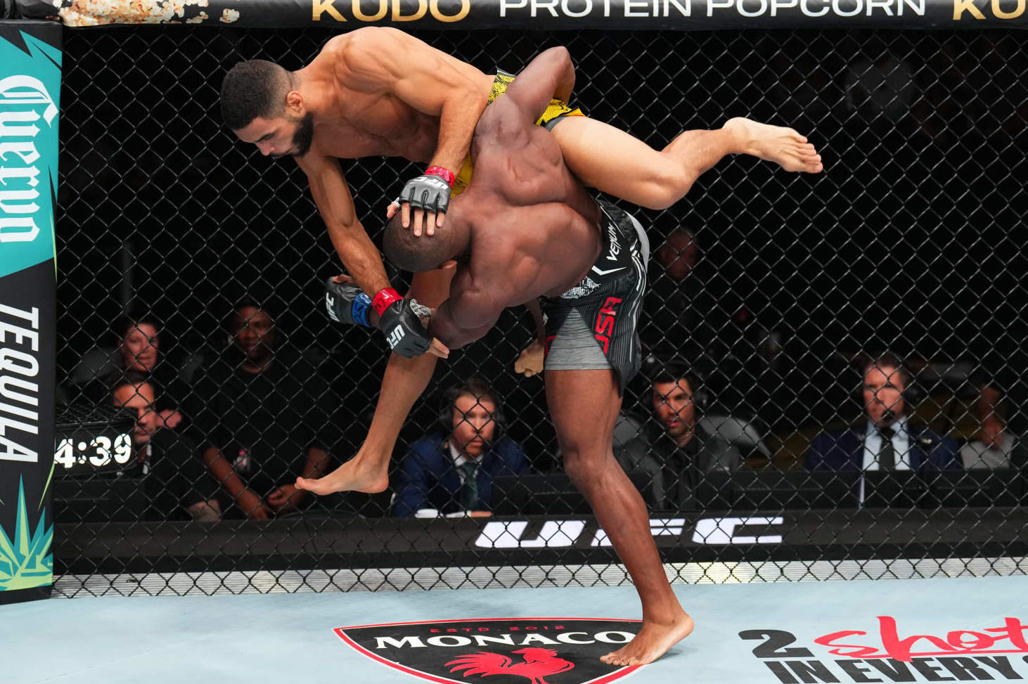 DENVER, COLORADO - JULY 13: (R-L) Ange Loosa of the Congo takes down Gabriel Bonfim of Brazil in a welterweight fight during the UFC Fight Night event at Ball Arena on July 13, 2024 in Denver, Colorado. (Photo by Josh Hedges/Zuffa LLC via Getty Images)