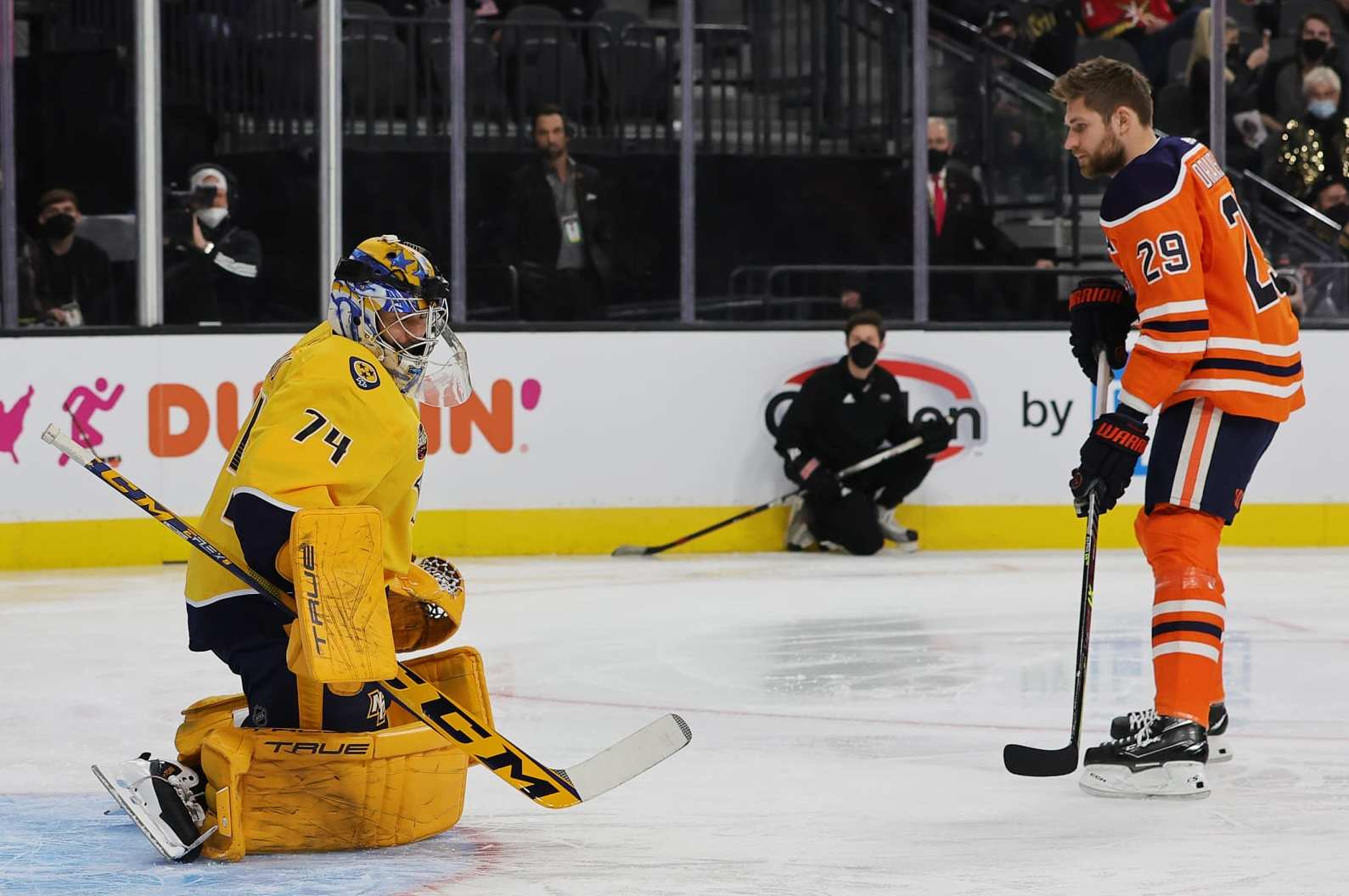 LAS VEGAS, NEVADA - FEBRUARY 04: Leon Draisaitl #29 of the Edmonton Oilers attempts to shoot the puck past Juuse Saros #74 of the Nashville Predators during the Save Streak event during the 2022 NHL All-Star Skills at T-Mobile Arena on February 04, 2022 in Las Vegas, Nevada. (Photo by Ethan Miller/Getty Images)