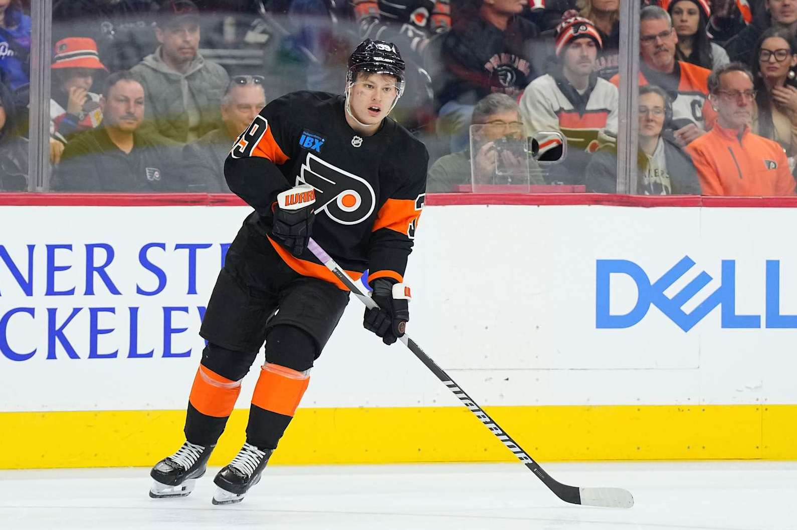 PHILADELPHIA, PENNSYLVANIA - NOVEMBER 29: Matvei Michkov #39 of the Philadelphia Flyers looks on against the New York Rangers at the Wells Fargo Center on November 29, 2024 in Philadelphia, Pennsylvania. The Flyers defeated the Rangers 3-1. (Photo by Mitchell Leff/Getty Images)