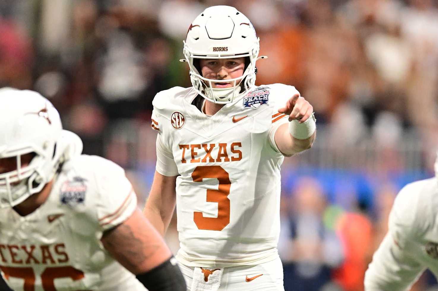 ATLANTA, GEORGIA - JANUARY 1: Quinn Ewers #3 of the Texas Longhorns calls a play against the Arizona State Sun Devils at Mercedes-Benz Stadium on January 1, 2025 in Atlanta, Georgia. (Photo by Adam Hagy/CFP/Getty Images)