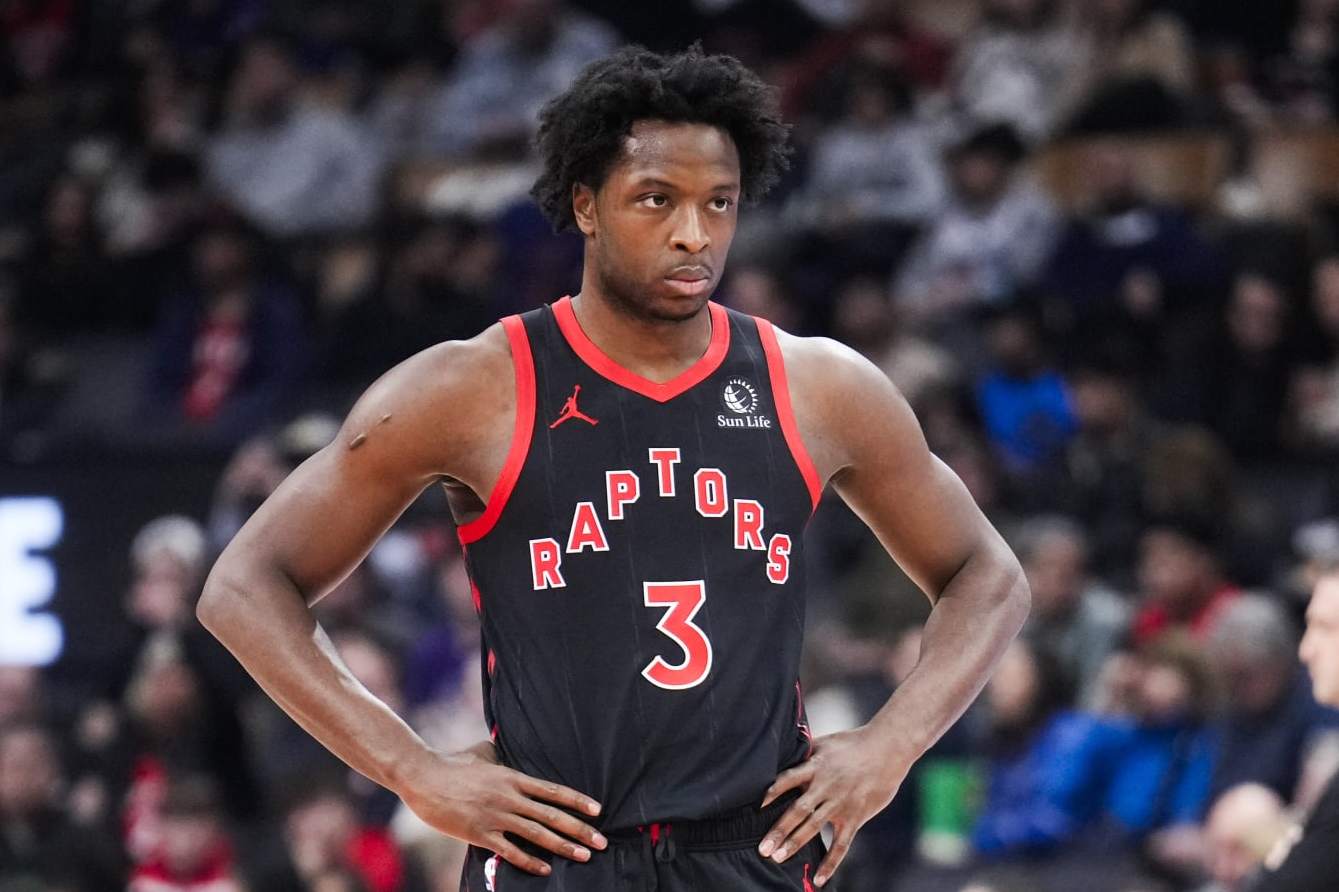 TORONTO, ON - DECEMBER 23: OG Anunoby #3 of the Toronto Raptors looks on against the Utah Jazz during the first half of their basketball game at the Scotiabank Arena on December 23, 2023 in Toronto, Ontario, Canada. NOTE TO USER: User expressly acknowledges and agrees that, by downloading and/or using this Photograph, user is consenting to the terms and conditions of the Getty Images License Agreement. (Photo by Mark Blinch/Getty Images)