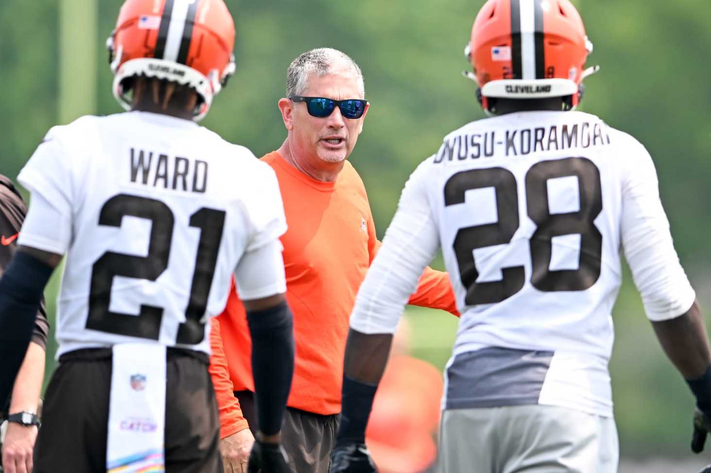 Cleveland Browns cornerback Denzel Ward (21) watches a replay