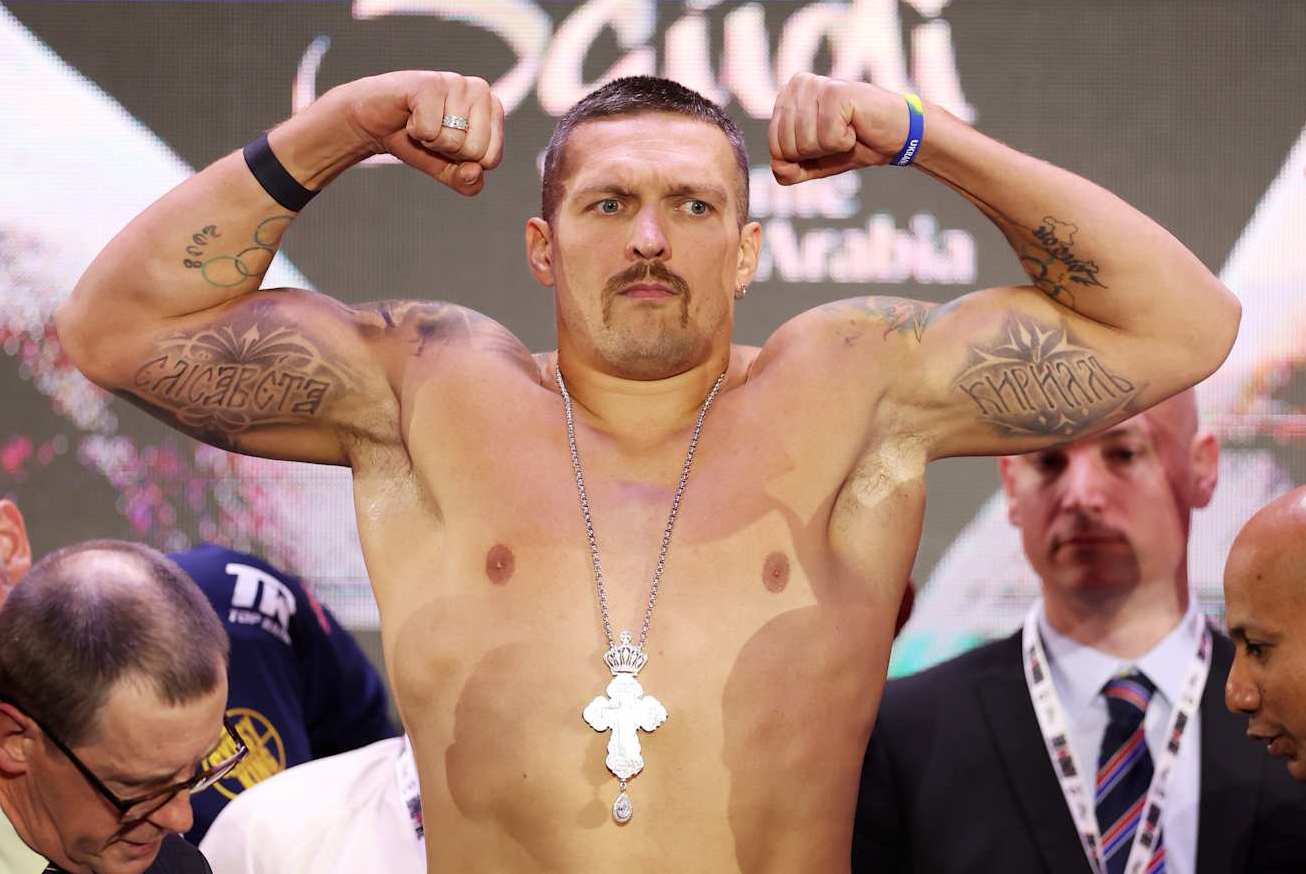 RIYADH, SAUDI ARABIA - MAY 17: Oleksandr Usyk pose after weighing in ahead of the IBF, WBA, WBC and WBO heavyweight titles' fight between Tyson Fury and Oleksandr Usyk during the Ring Of Fire Official weigh-in at BLVD City - Music World on May 17, 2024 in Riyadh, Saudi Arabia. (Photo by Richard Pelham/Getty Images)