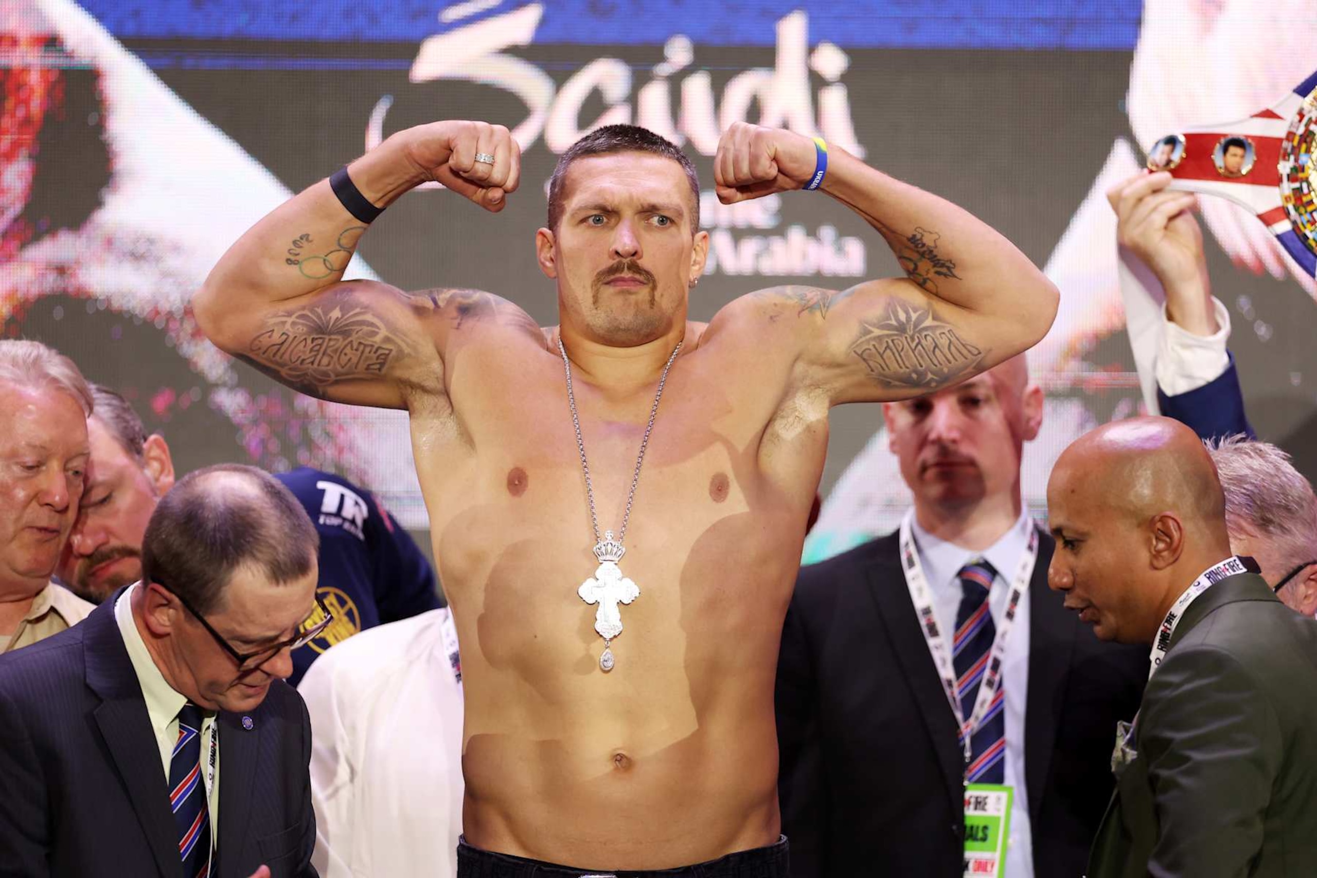 RIYADH, SAUDI ARABIA - MAY 17: Oleksandr Usyk pose after weighing in ahead of the IBF, WBA, WBC and WBO heavyweight titles' fight between Tyson Fury and Oleksandr Usyk during the Ring Of Fire Official weigh-in at BLVD City - Music World on May 17, 2024 in Riyadh, Saudi Arabia. (Photo by Richard Pelham/Getty Images)
