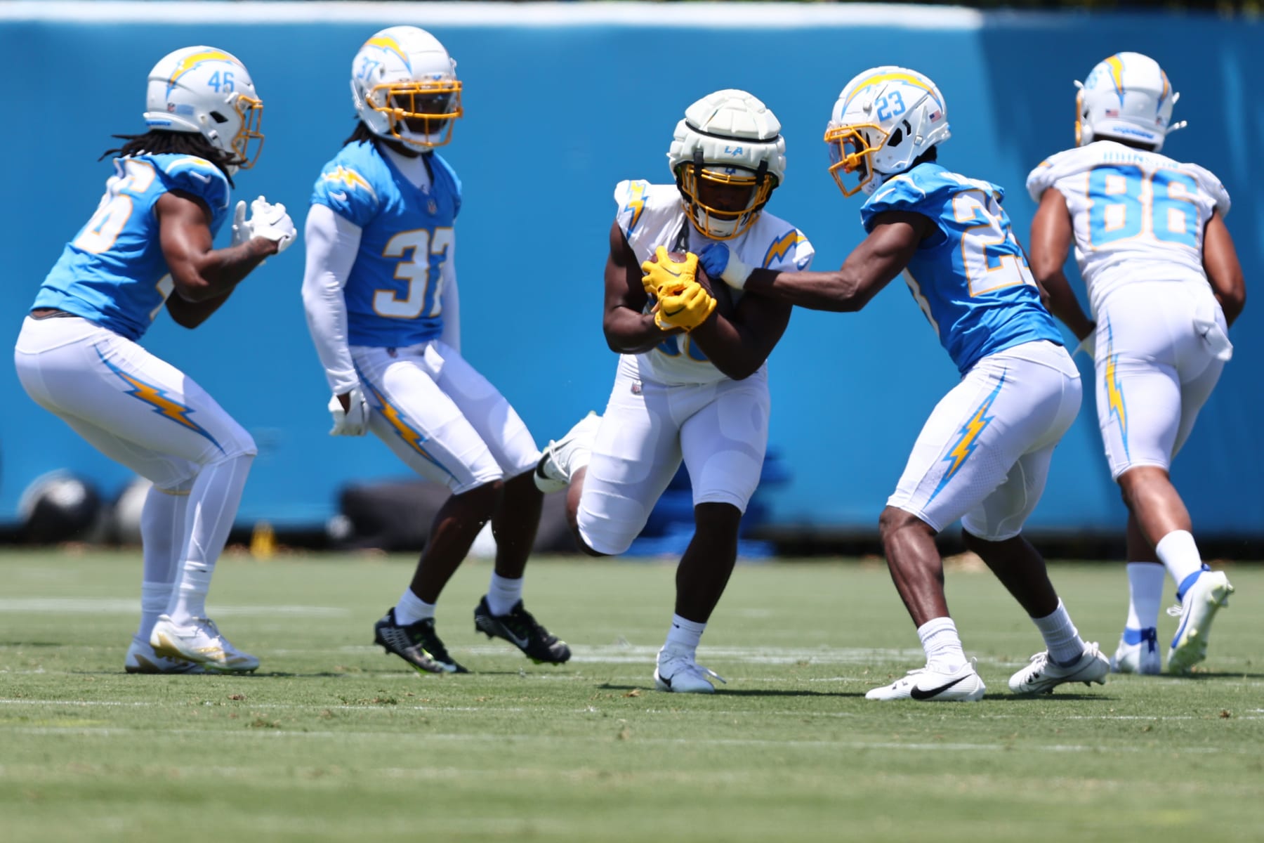 COSTA MESA, CALIFORNIA - MAY 29: Kimani Vidal #30 of the Los Angeles Chargers runs with the ball during a Los Angeles Chargers OTA Offseason Workout at Hoag Performance Center on May 29, 2024 in Costa Mesa, California. (Photo by Joe Scarnici/Getty Images)
