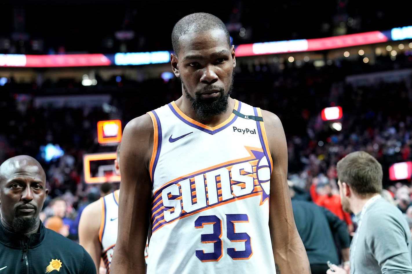 PORTLAND, OREGON - FEBRUARY 03: Kevin Durant #35 of the Phoenix Suns walks off the court after the game against the Portland Trail Blazers at Moda Center on February 03, 2025 in Portland, Oregon. NOTE TO USER: User expressly acknowledges and agrees that, by downloading and or using this photograph, User is consenting to the terms and conditions of the Getty Images License Agreement. (Photo by Soobum Im/Getty Images)
